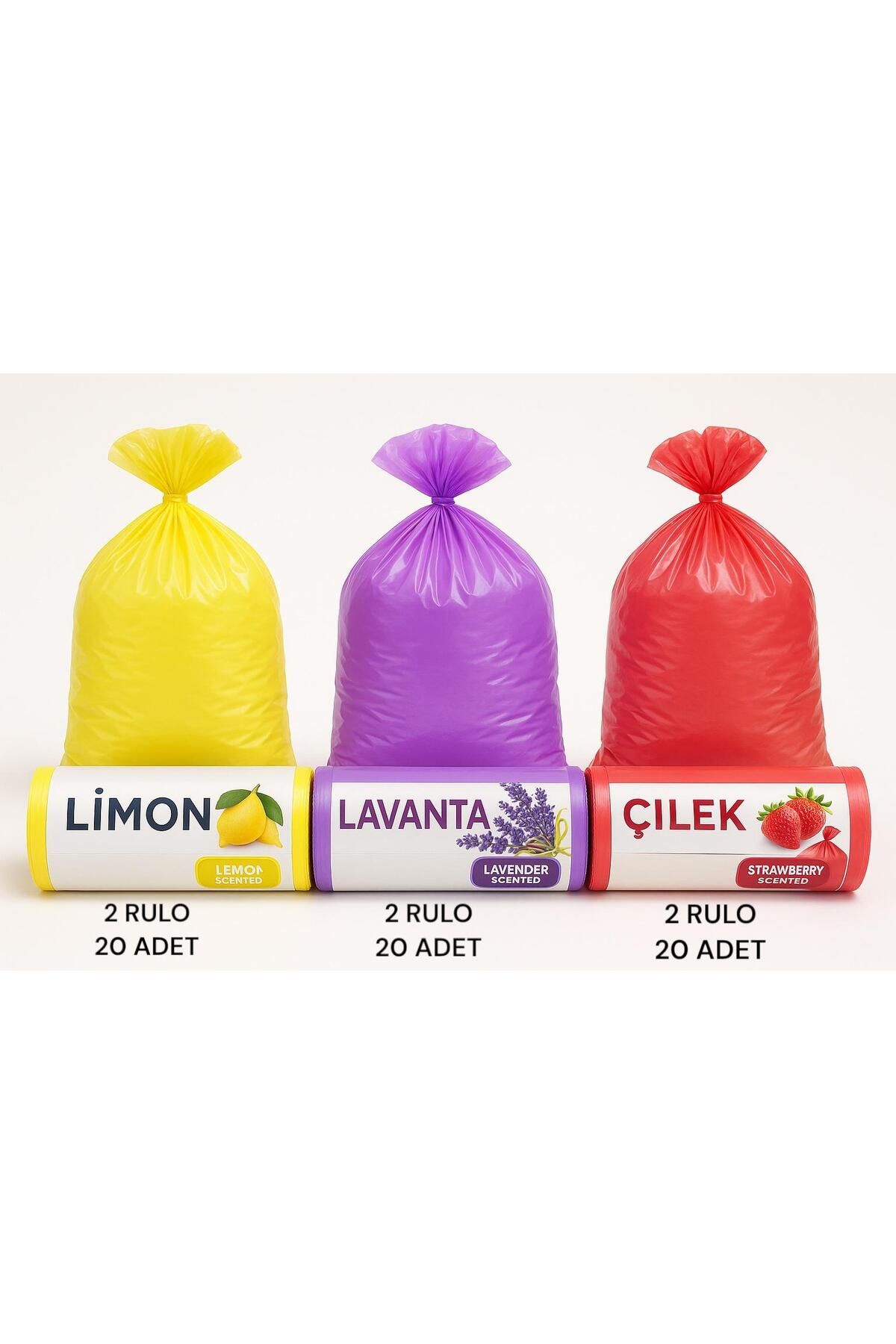 ARVALE Çok Avantaj Paket 65x70 Mega Boy 6 Rulo Büzgüllü Çöp Torbası 60 Lt 60 Adet-Lavanta Limon Çilek Paket