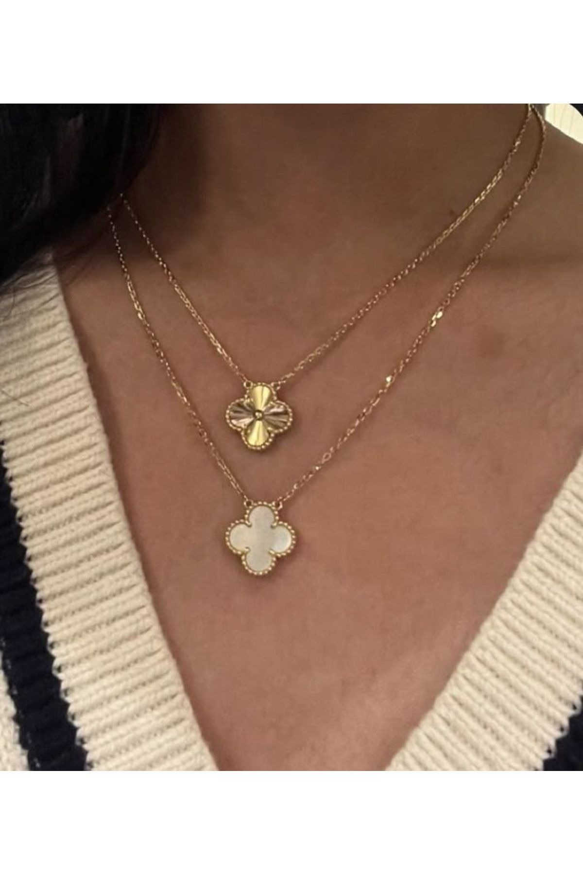 ANGELSS JEWELLERY İkili Kombin Yonca Gold Beyaz Kolye Van Cleeff Set (2’li Yonca Model Kolye)