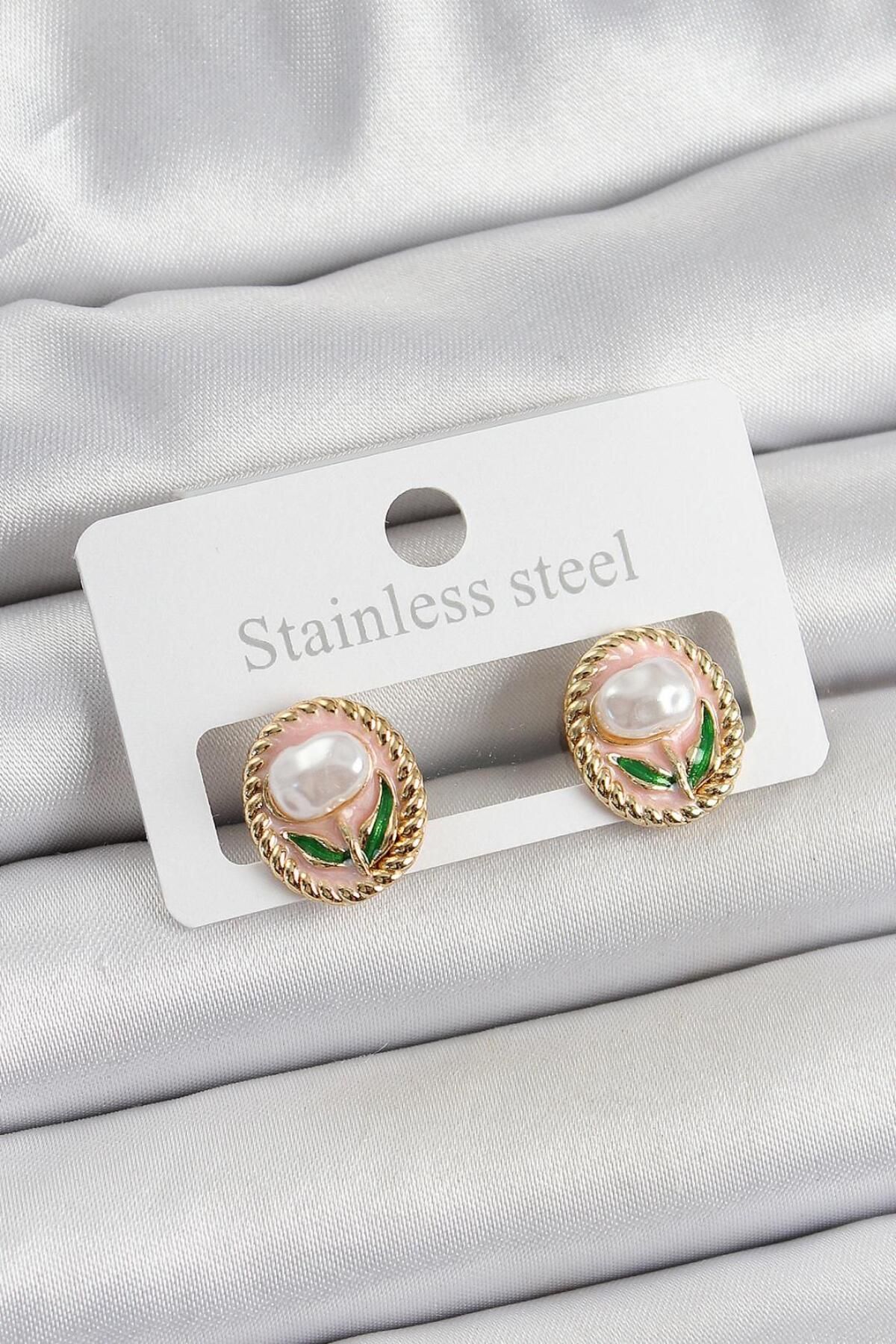 AfraBeauty 925 Ayar Pembe Mineli Lale Figürlü Sanatsal Portre Model Gold Renk Kadın Küpe