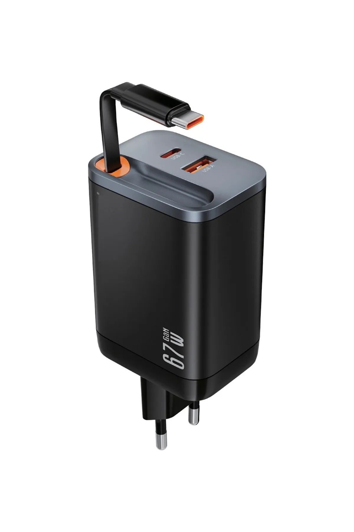 OBRAX 67W Hızlı Şarj Adaptörü Dahili Retractable Usb-C Kablo + Usb-A Çıkış Telefon Tablet ve Laptop Uyumlu
