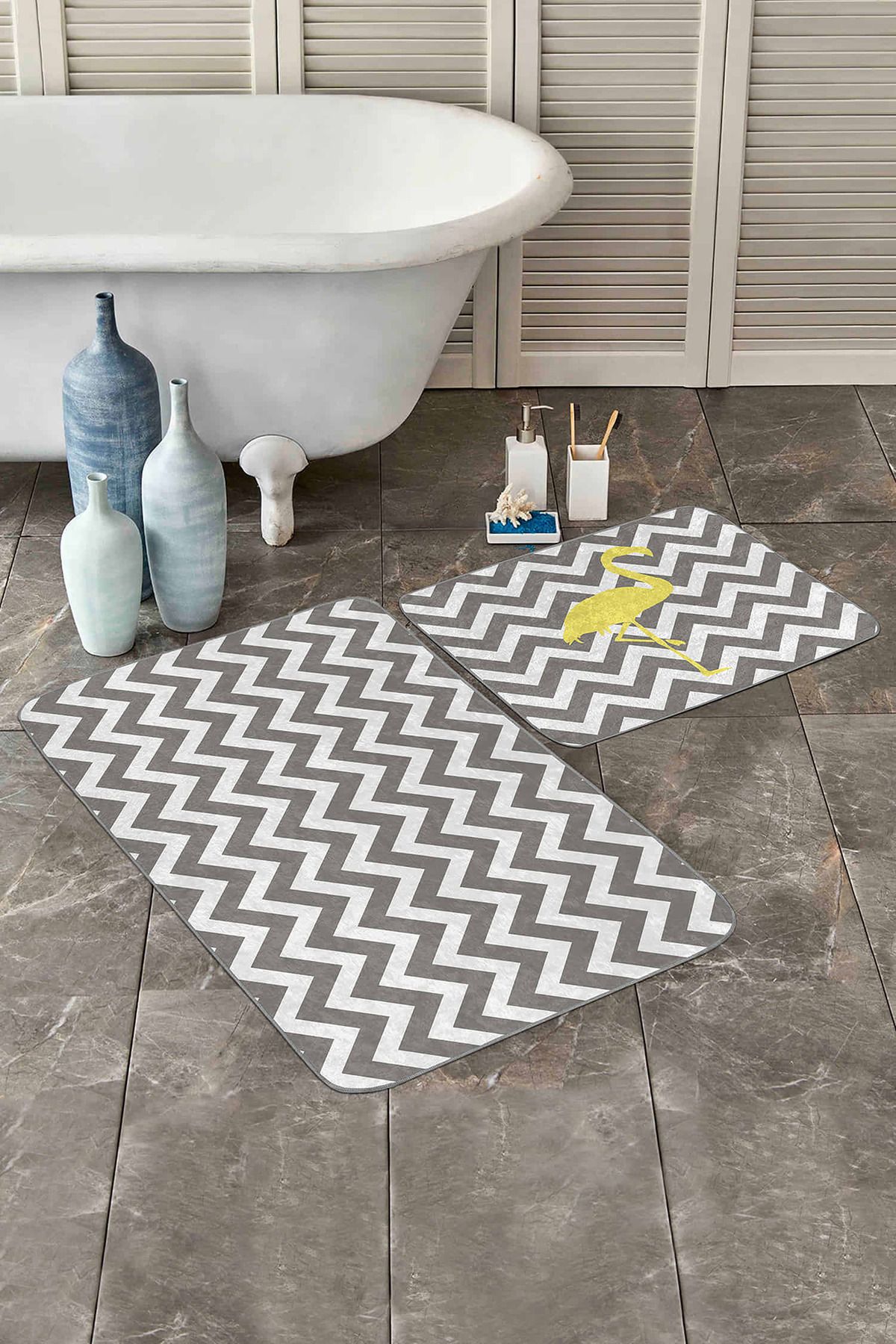 Realhomes Gri Zigzag Motifli Dijital Baskılı Flamingo Motifli 2'li Kaymaz Tabanlı Banyo & Mutfak Paspas Takımı