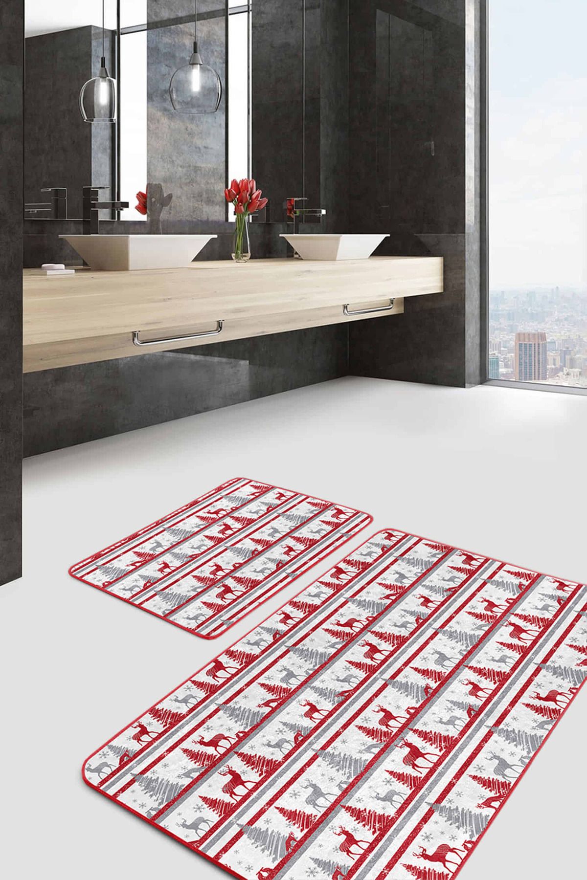 Realhomes Kırmızı Gri Yılbaşı Temalı Dijital Baskılı 2'li Kaymaz Tabanlı Banyo & Mutfak Paspas Takımı