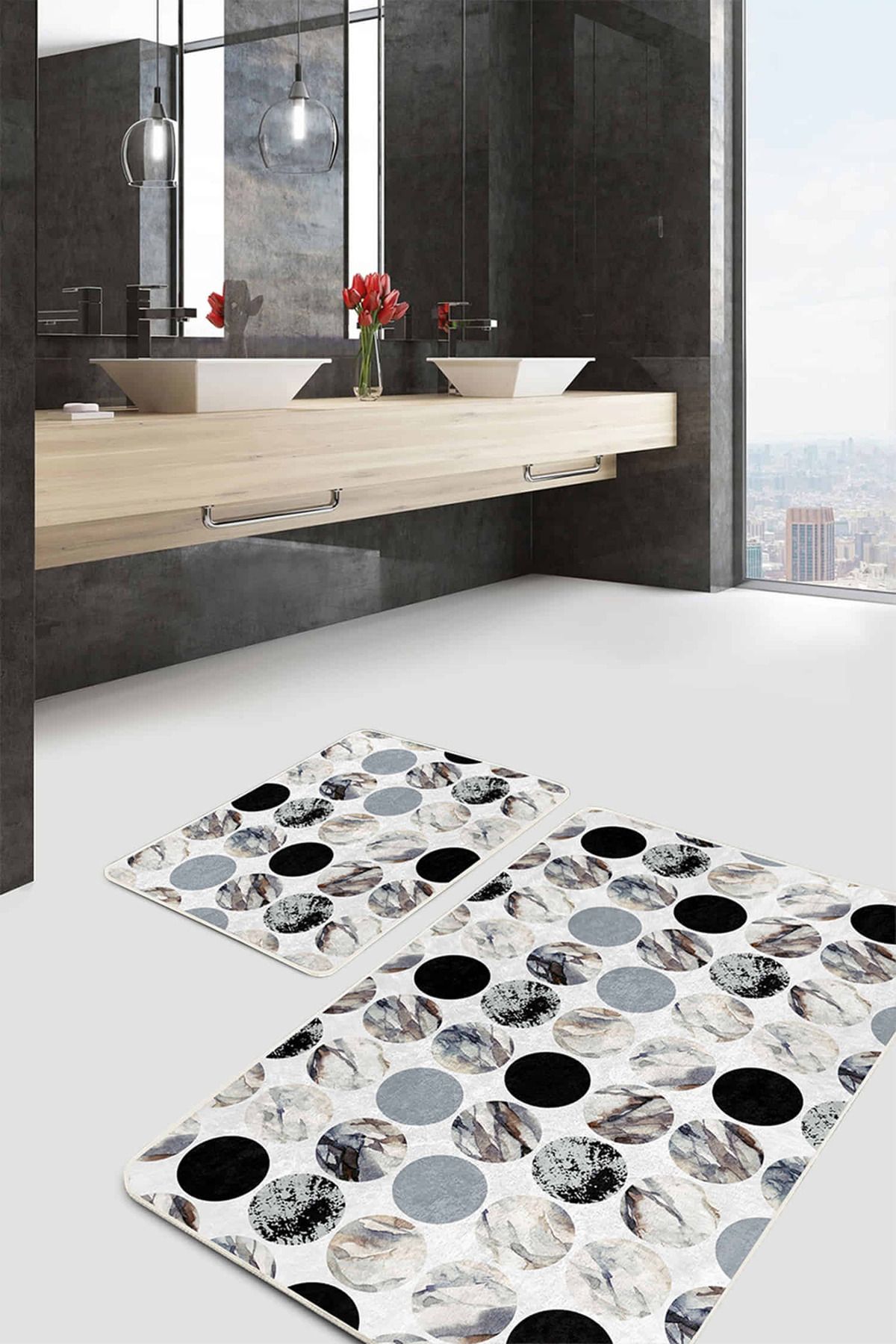 Realhomes Oval Mermer Motifleri Dijital Baskılı 2'li Kaymaz Tabanlı Banyo & Mutfak Paspas Takımı