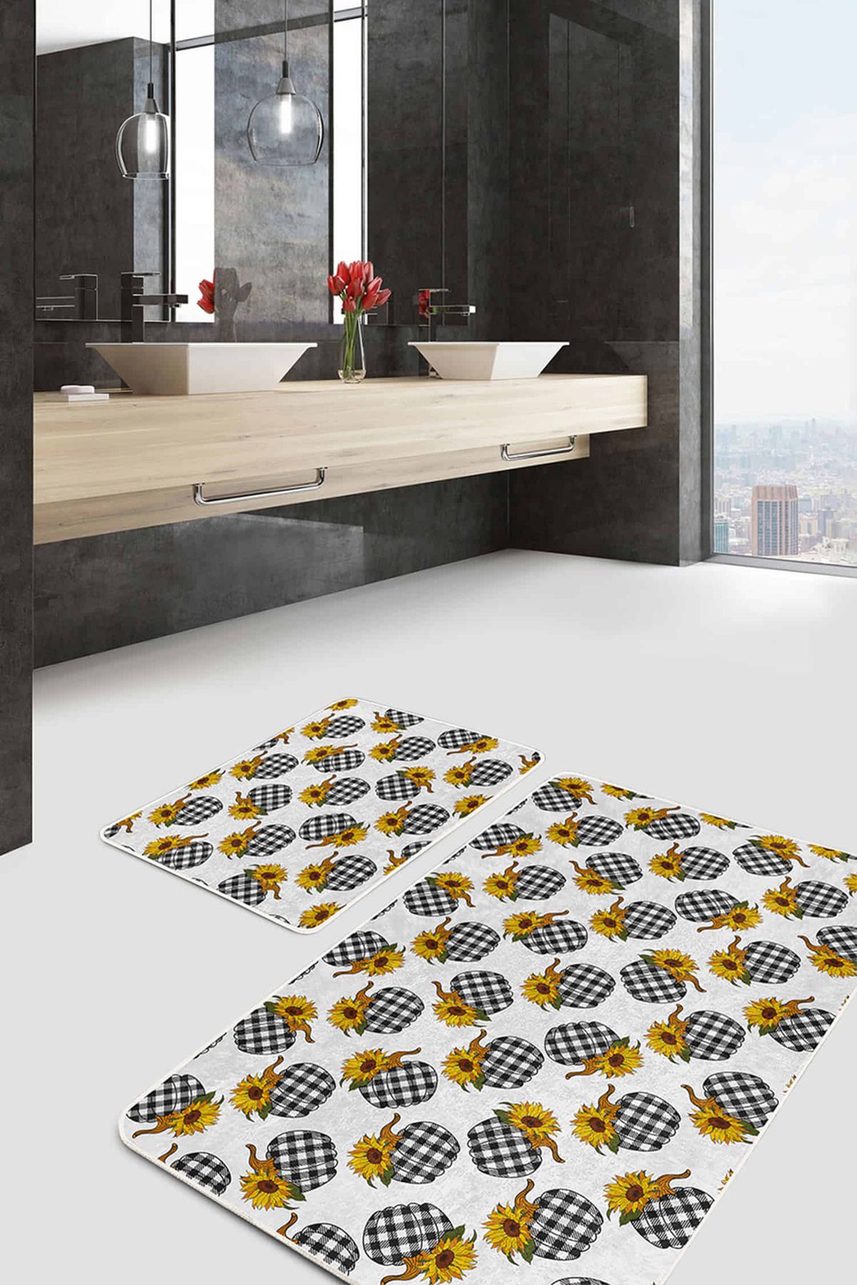 Realhomes Ekose Motifli Kabak Tasarım Dijital Baskılı 2'li Kaymaz Tabanlı Banyo & Mutfak Paspas Takımı
