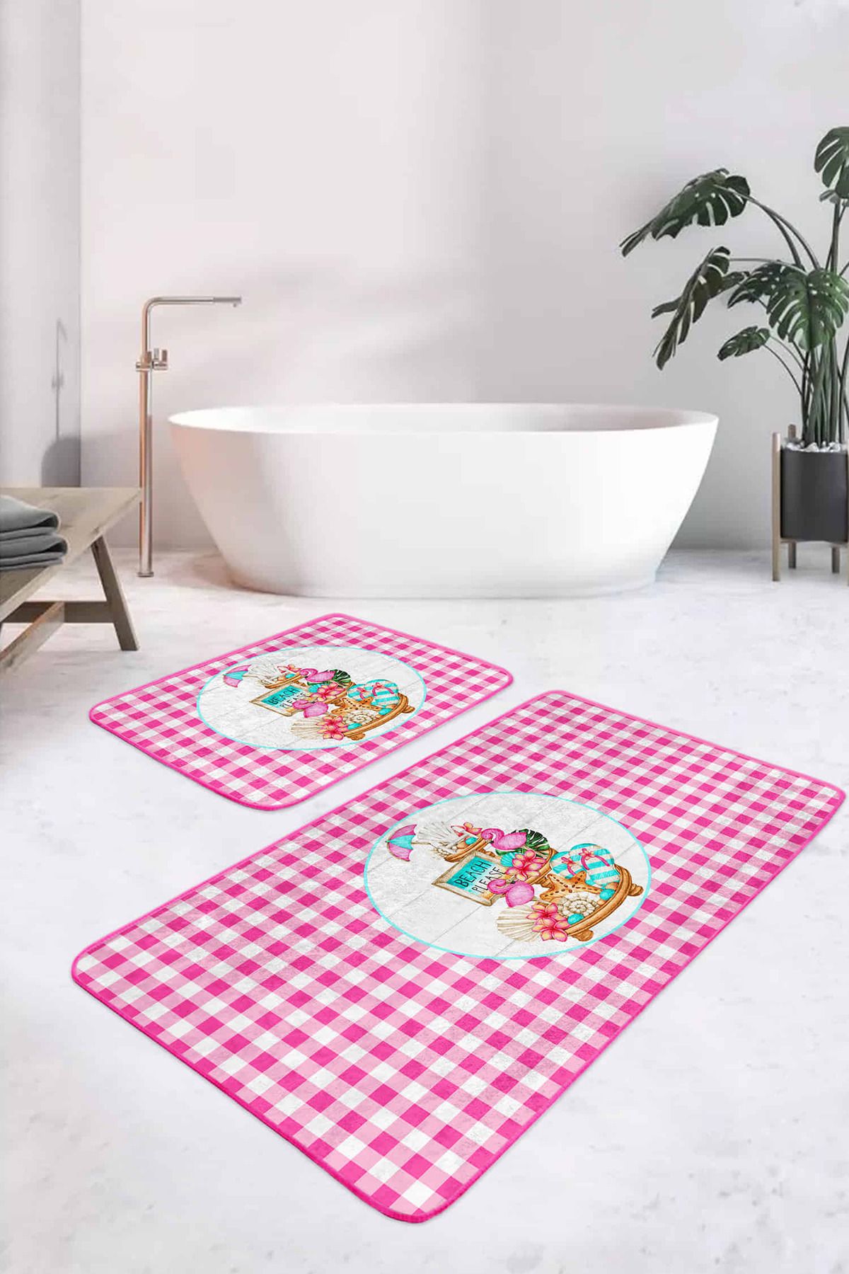 Realhomes Pembe Ekoseli Özel Tasarım 2'li Banyo Paspas Takımı & Mutfak Paspas Seti