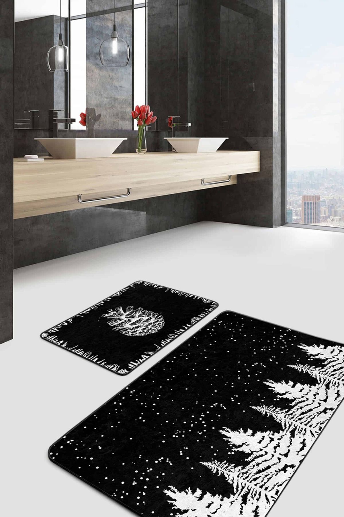 Realhomes Siyah Beyaz Çam Ağacı Kozalak Tasarımlı 2'li Kaymaz Tabanlı Banyo & Mutfak Paspas Takımı