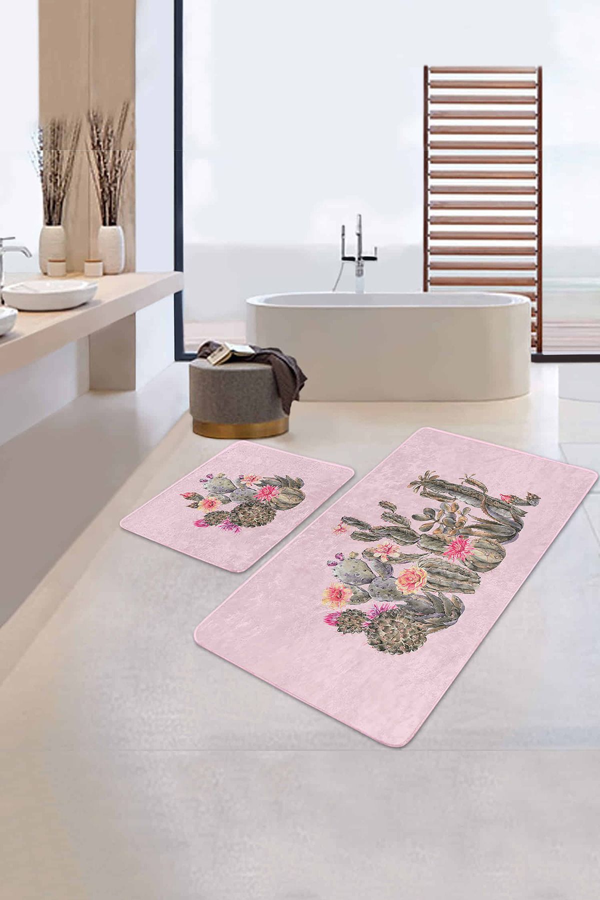 Realhomes Pembe Zemin Kaktüs Özel Tasarımlı 2'li Kaymaz Tabanlı Banyo & Mutfak Paspas Takımı