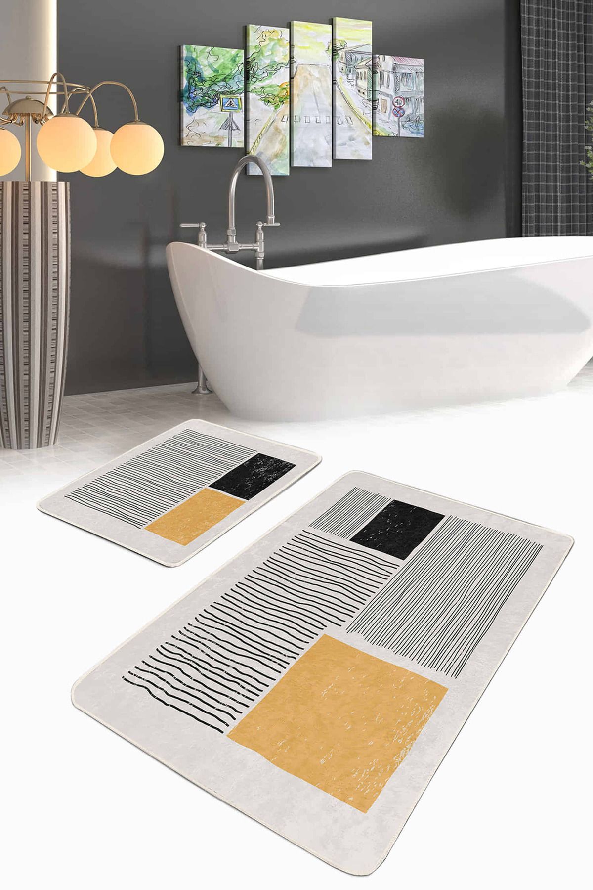 Realhomes Çizgili Kareli Desenli Dijital Baskılı 2'li Kaymaz Tabanlı Banyo & Mutfak Paspas Takımı