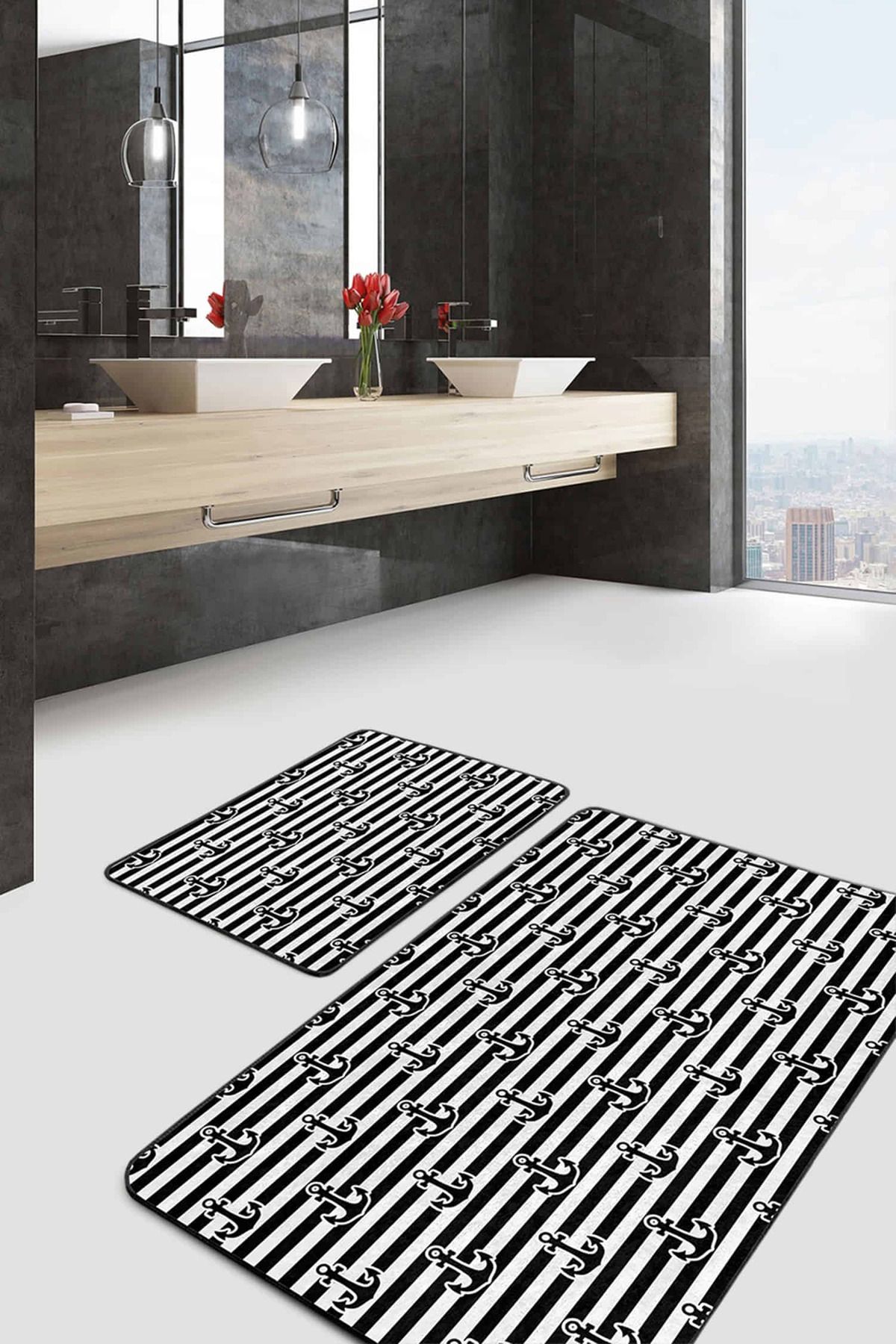 Realhomes Siyah Beyaz Çizgili Çapa Tasarımlı 2'li Kaymaz Tabanlı Banyo & Mutfak Paspas Takımı