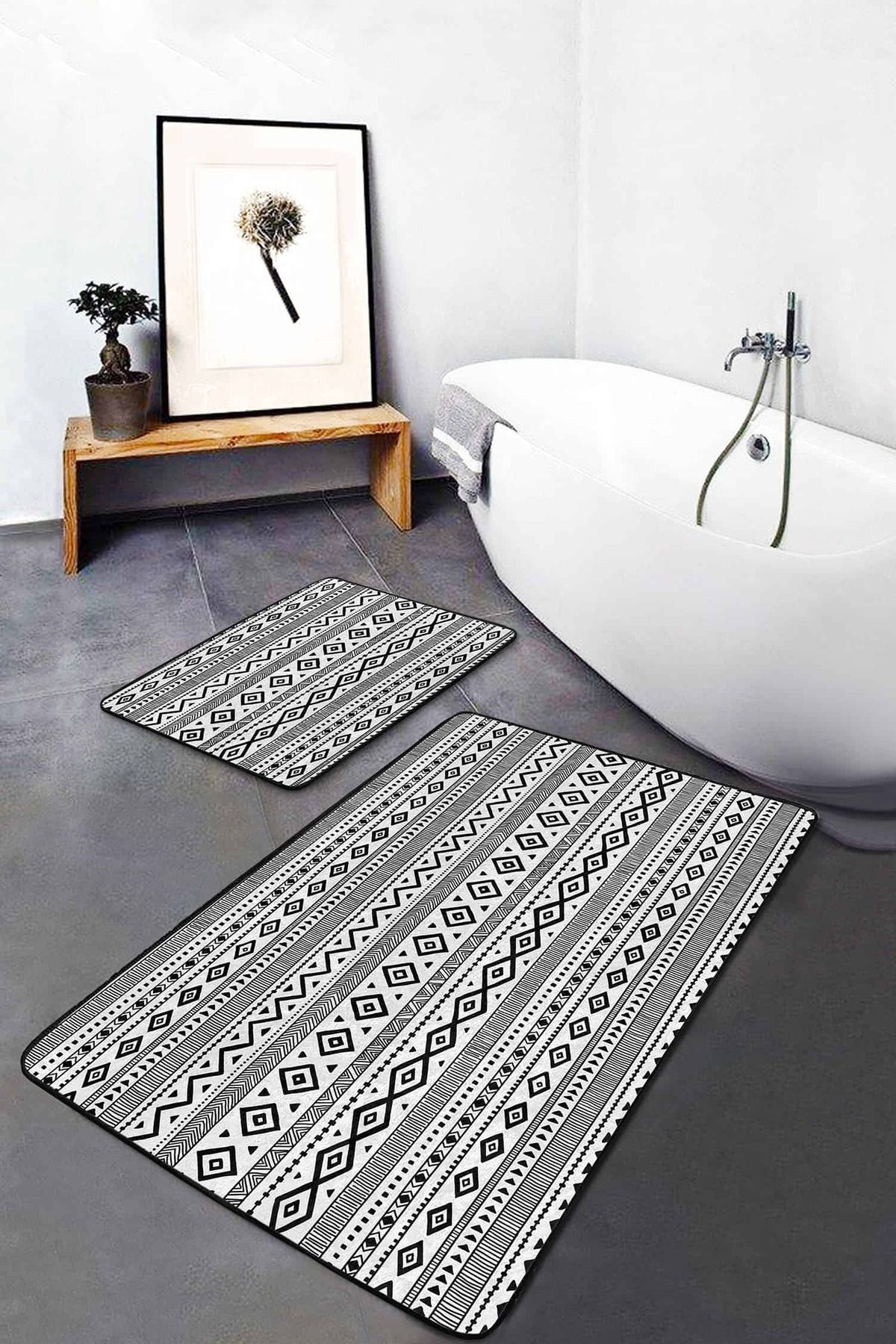 Realhomes Geometrik Çizgili Iskandinav Temalı 2'li Kaymaz Tabanlı Banyo & Mutfak Paspas Takımı