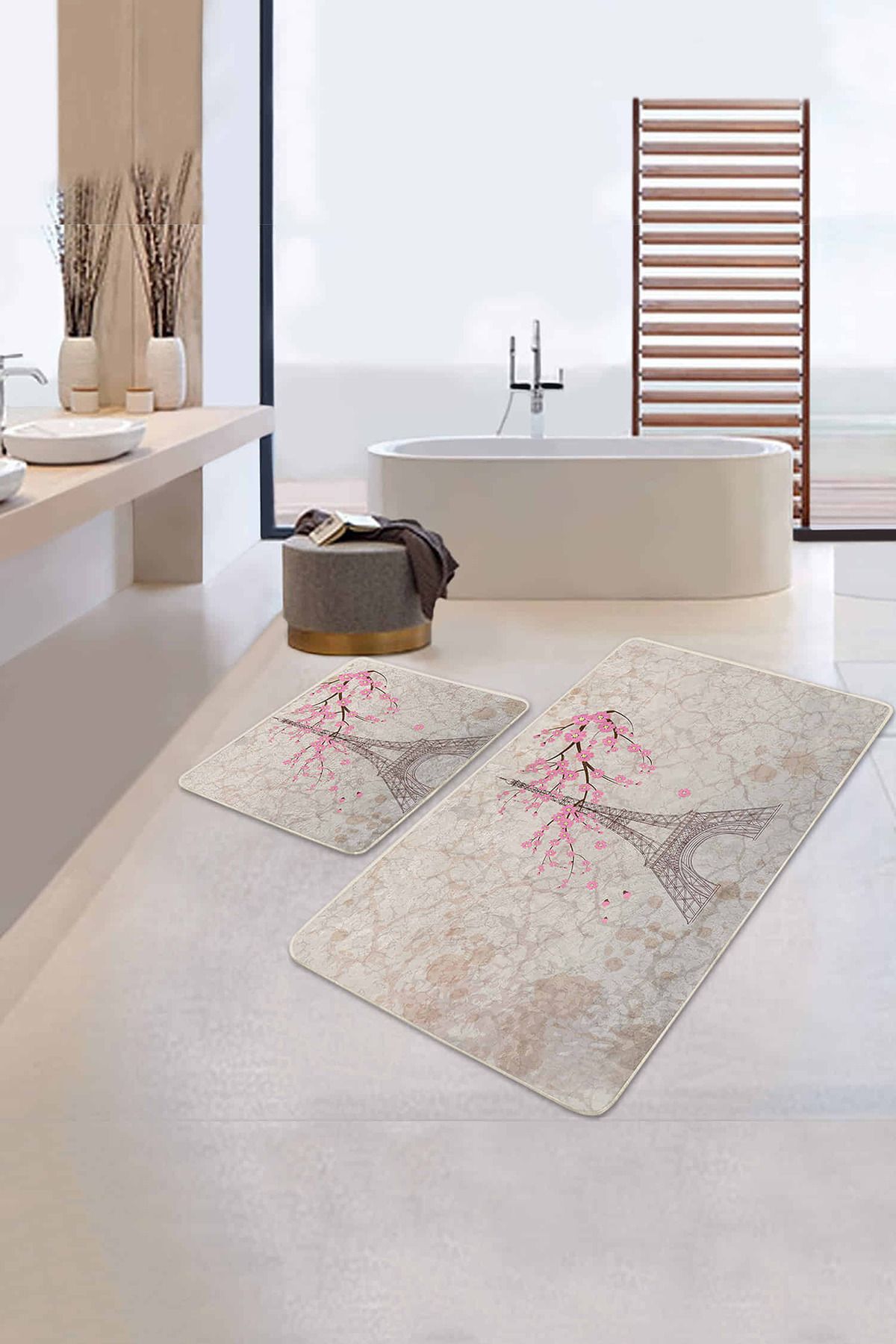 Realhomes Kahve Zemin Eyfel Kulesi Tasarımlı 2'li Kaymaz Tabanlı Banyo & Mutfak Paspas Takımı
