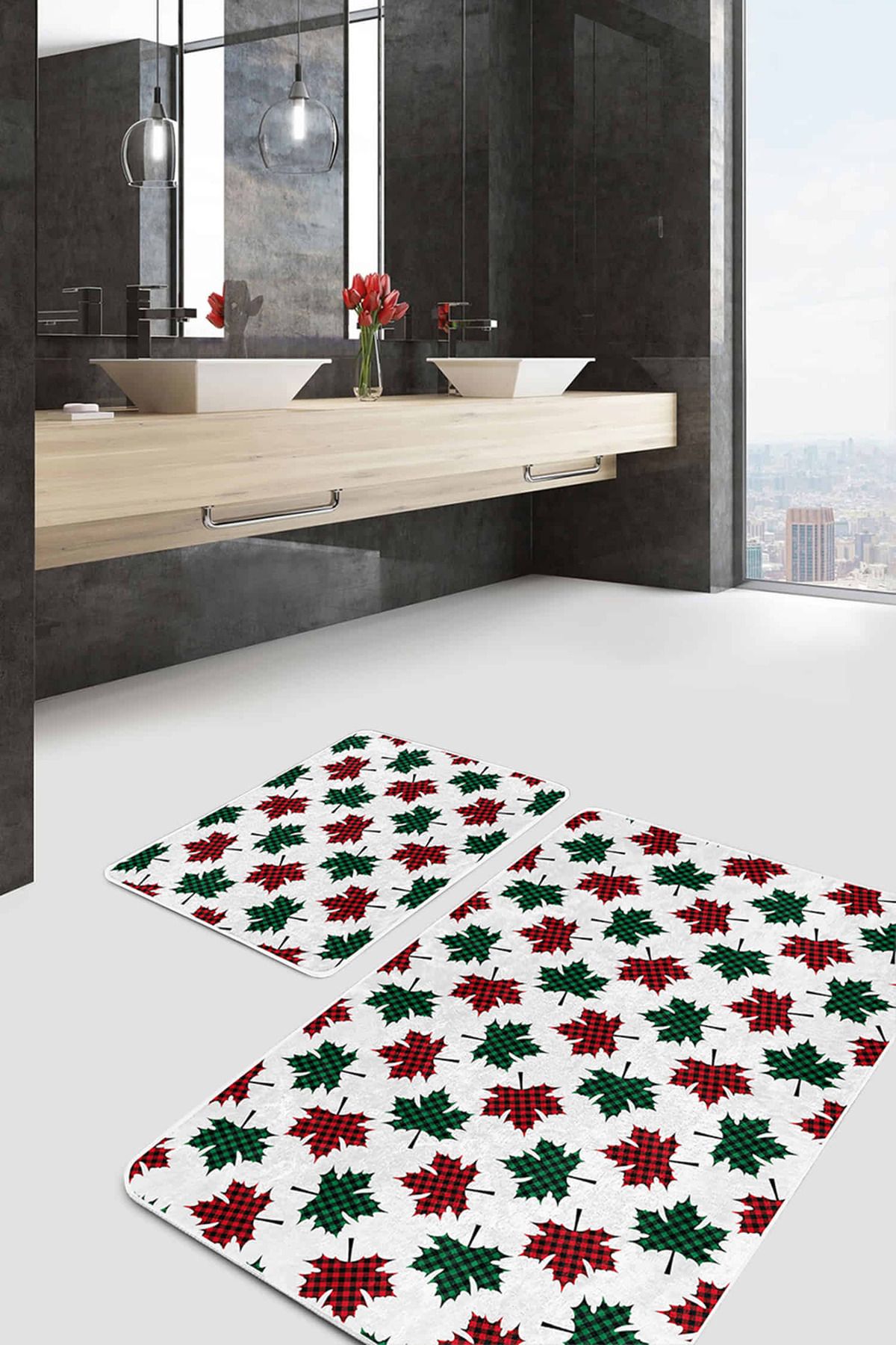 Realhomes Ekose Yaprak Motifli Yılbaşı Temalı 2'li Kaymaz Tabanlı Banyo & Mutfak Paspas Takımı