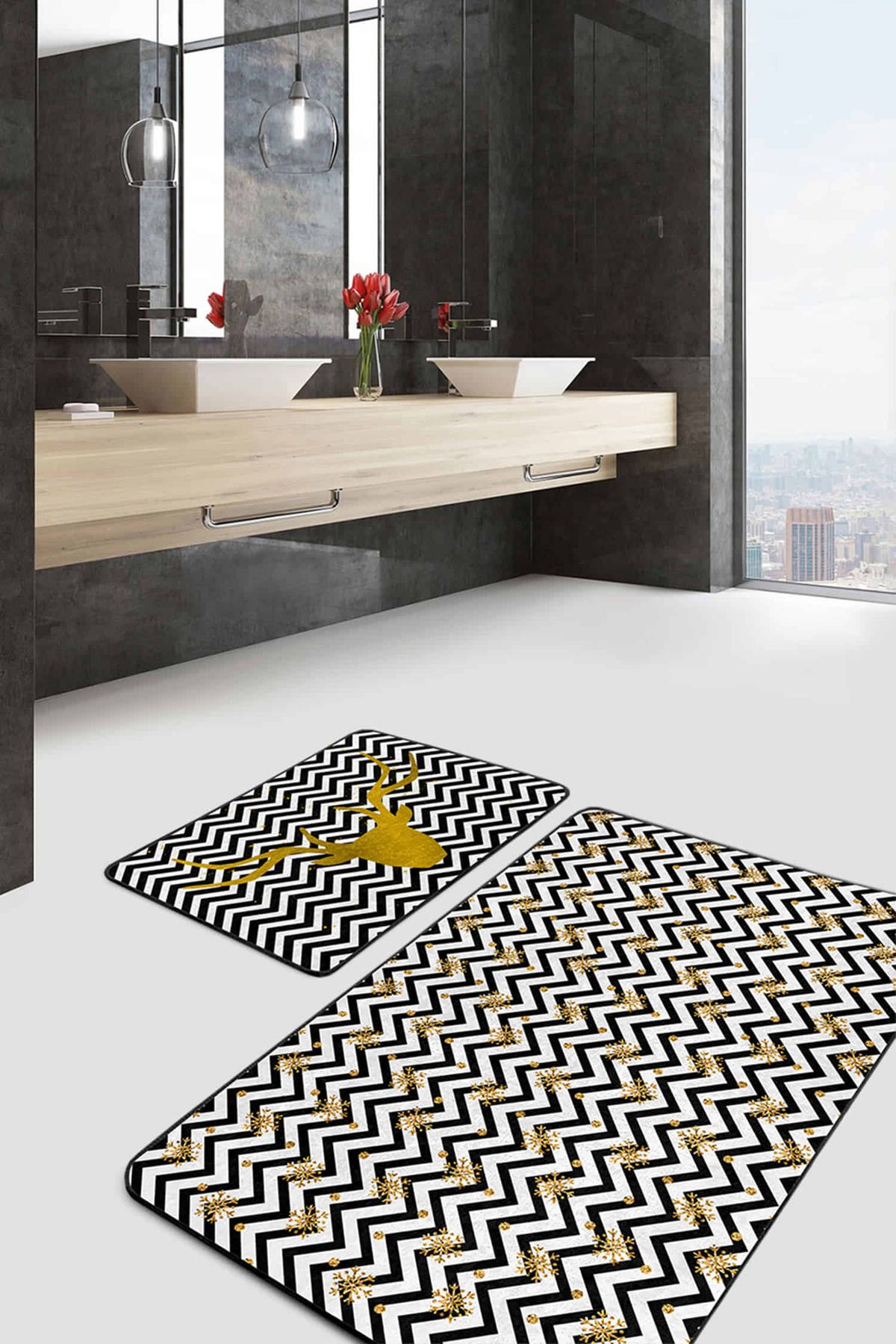 Realhomes Zizag Zemin Gold Kar Tanesi Geyik Detaylı 2'li Kaymaz Tabanlı Banyo & Mutfak Paspas Takımı