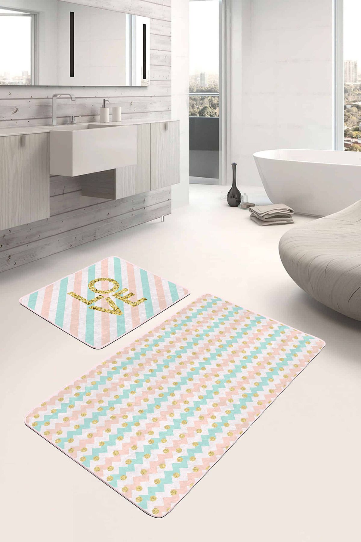 Realhomes Renkli Zigzag Motifli Gold Detaylı Dijital Baskılı 2'li Kaymaz Tabanlı Banyo & Mutfak Paspas Takımı
