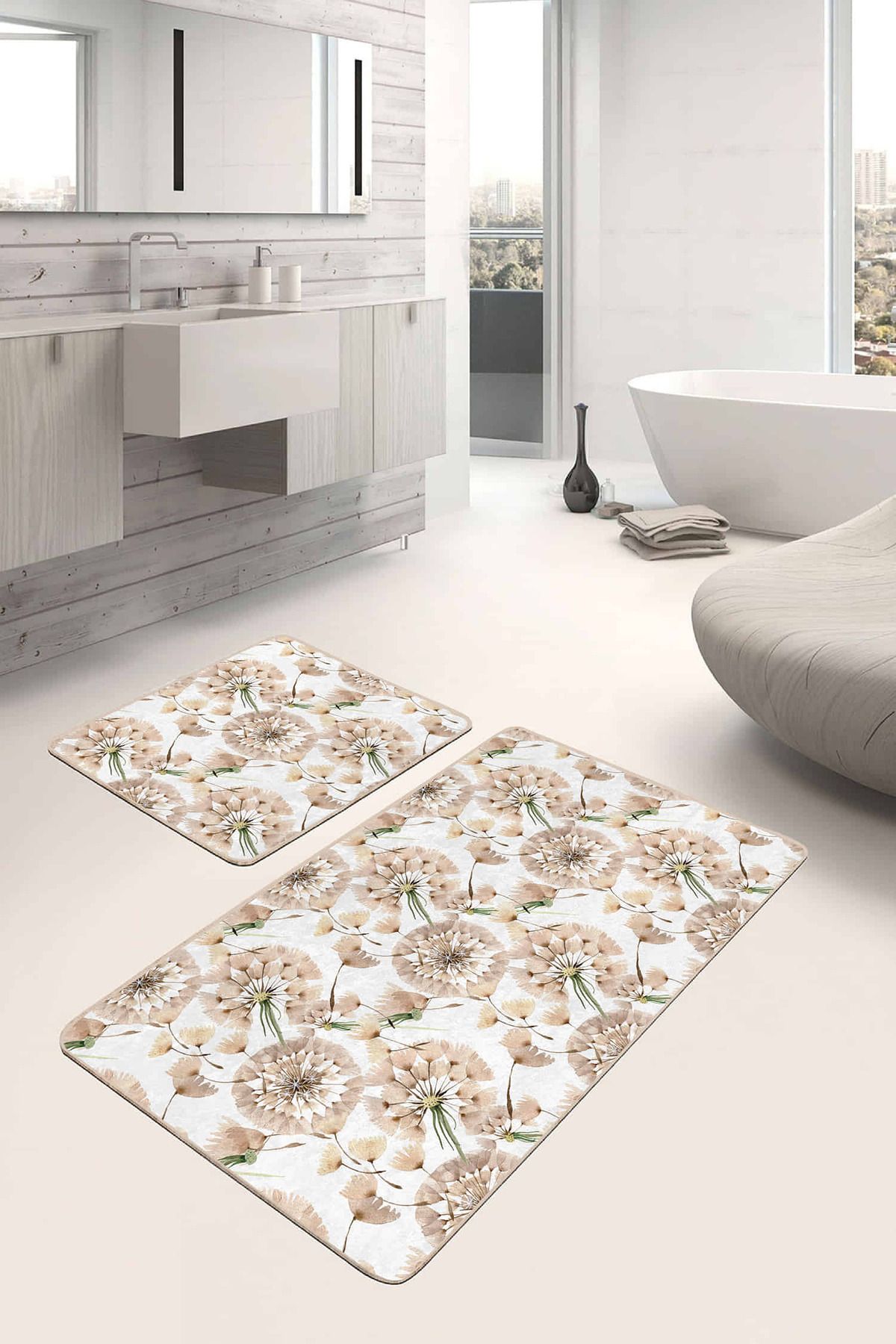 Realhomes Karahindiba Temalı Dijital Baskılı Özel Tasarım 2'li Kaymaz Tabanlı Banyo & Mutfak Paspas Takımı