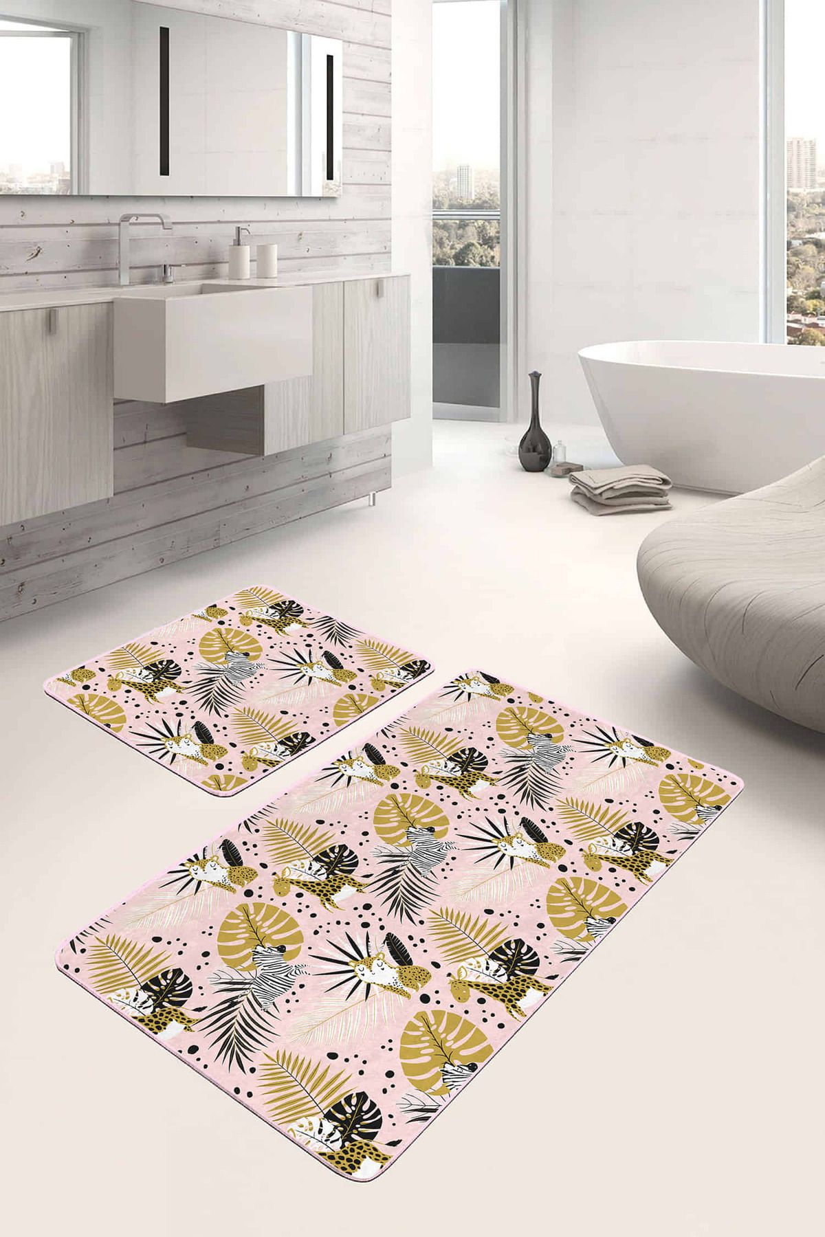 Realhomes Tropik Yaprak & Hayvan Motifli Özel Tasarım 2'li Kaymaz Tabanlı Banyo & Mutfak Paspas Takımı