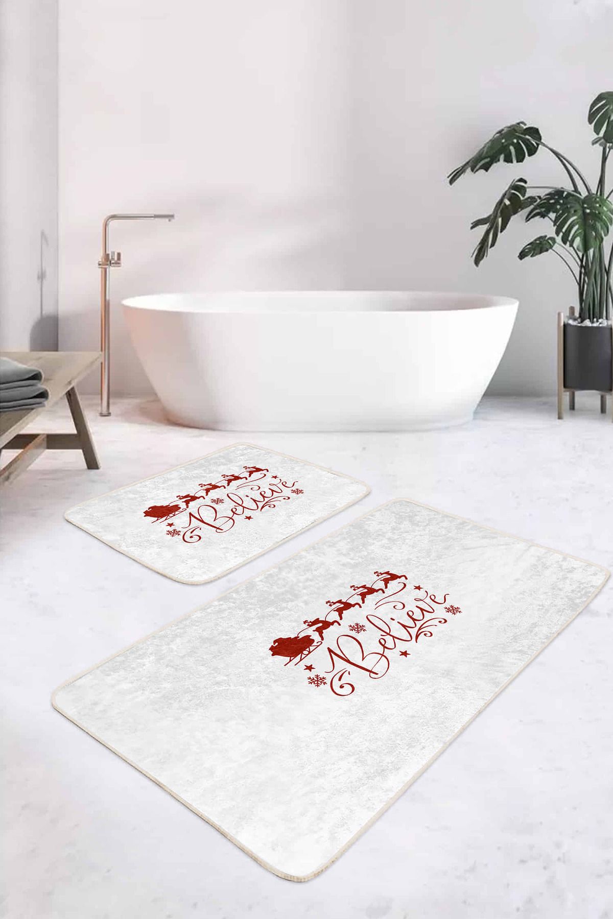 Realhomes Beyaz Zeminli Yılbaşı Motifli 2'li Mutfak Paspas Seti & Banyo Paspas Takımı