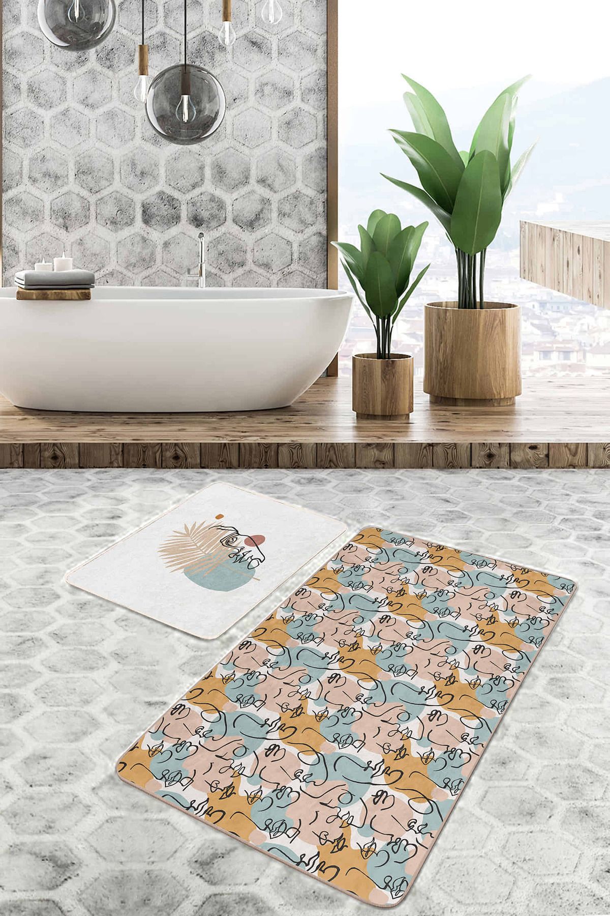 Realhomes Bohemian Özel Tasarım Dijital Baskılı 2'li Kaymaz Tabanlı Banyo & Mutfak Paspas Takımı