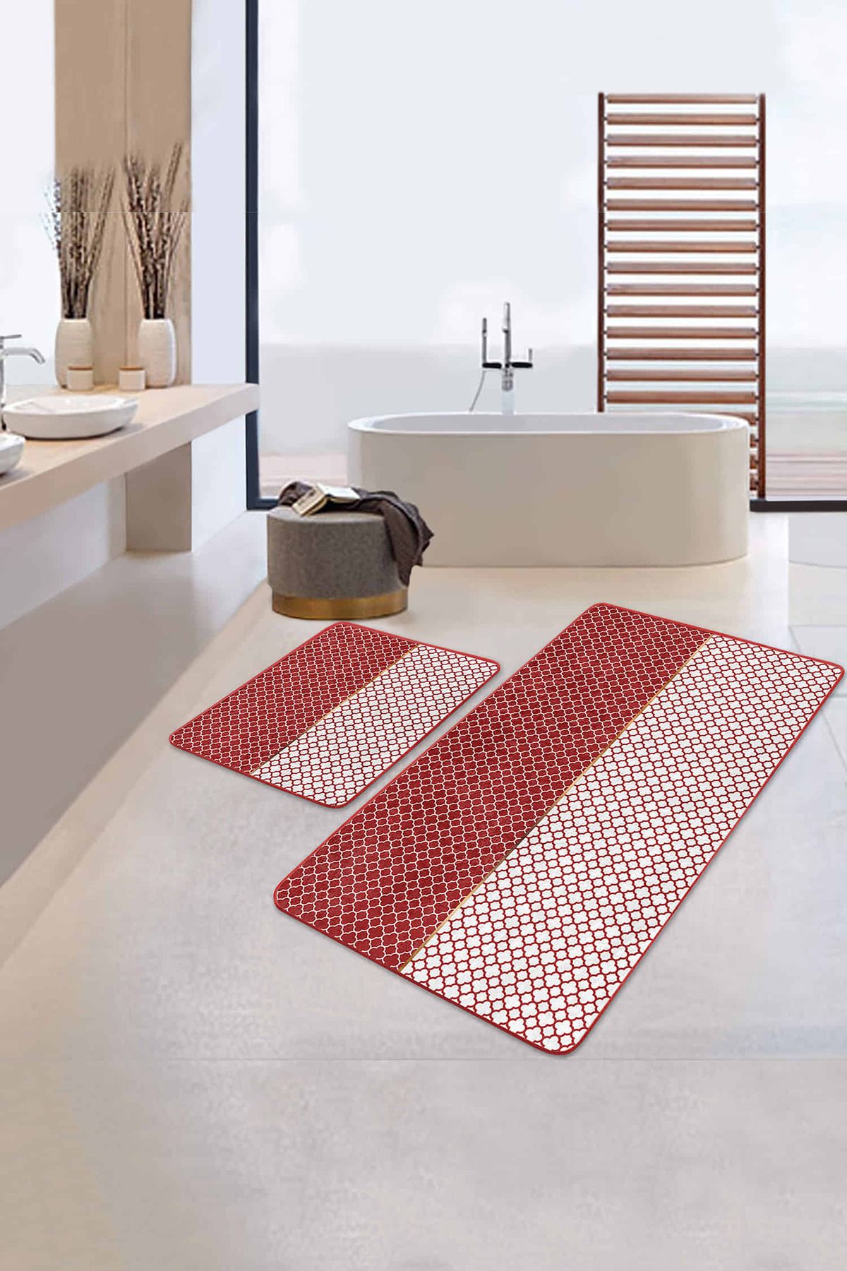 Realhomes Kahverengi Ogea Motifli Dijital Baskılı 2'li Kaymaz Tabanlı Banyo & Mutfak Paspas Takımı