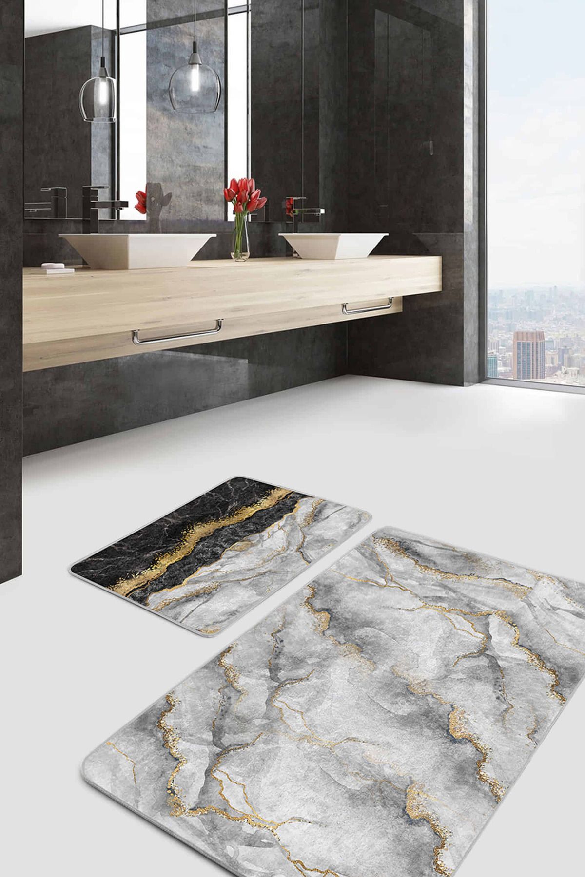 Realhomes Mermer Zemin Siyah Mermer Detaylı 2'li Kaymaz Tabanlı Banyo & Mutfak Paspas Takımı