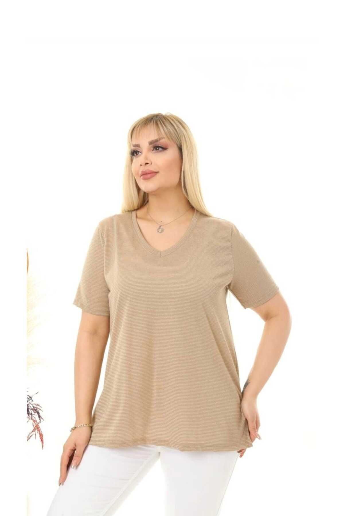 fly just KADIN BÜYÜK BEDEN V YAKA SİMLİ ÇİZGİLİ VİSKON TSHIRT