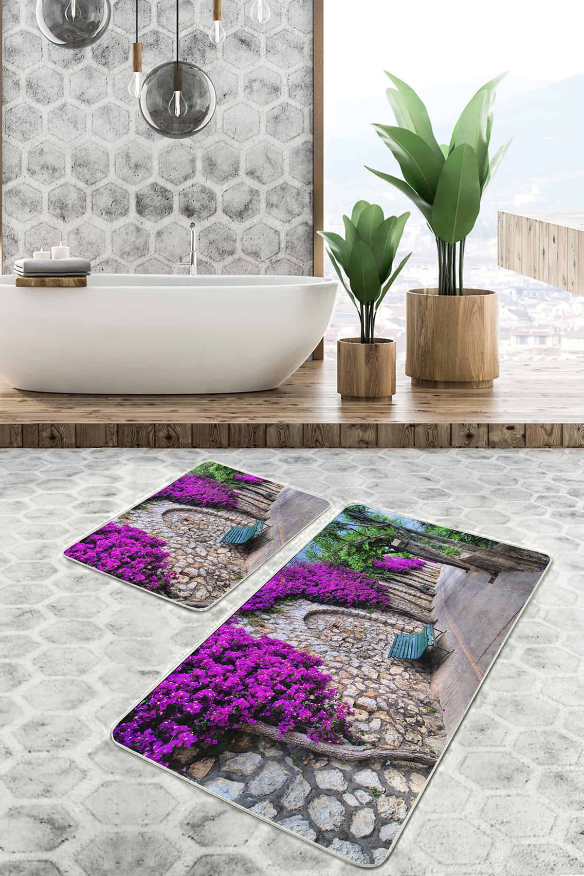 Realhomes Mor Sarmaşıklı Sokak Dijital Baskılı 2'li Kaymaz Tabanlı Banyo & Mutfak Paspas Takımı
