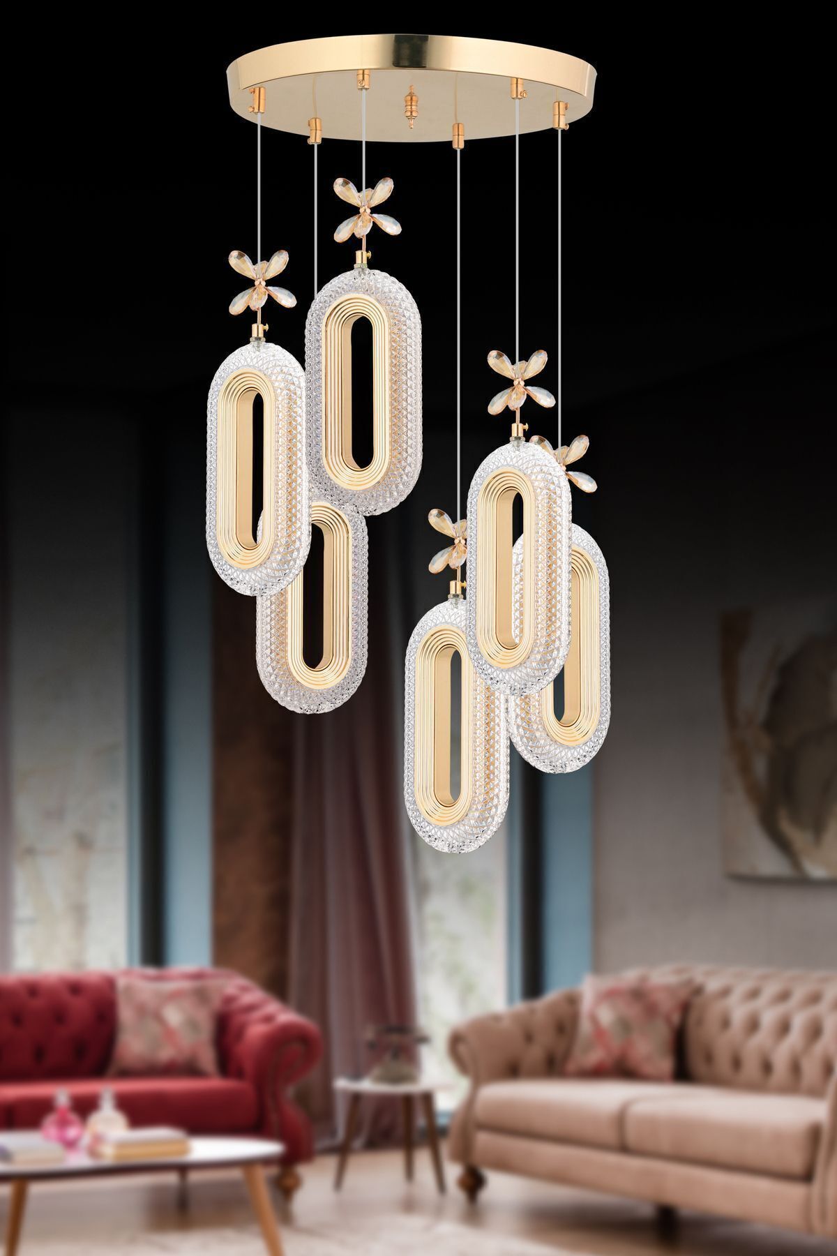 Nova Lighting Alfa Led 6'lı Gold 3 Renk Modu Ledli Kristal Taşlı Modern Led Avize