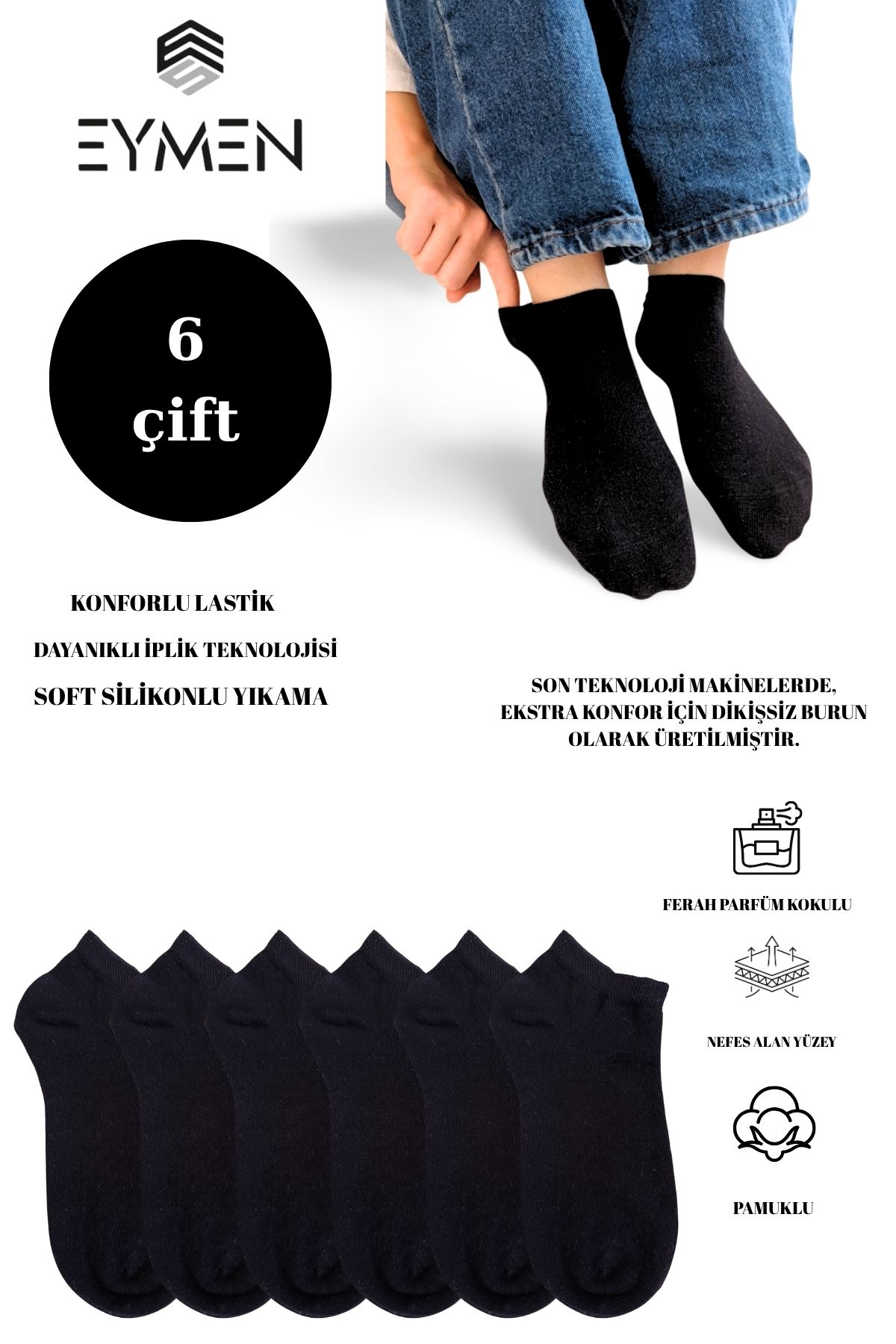 Eymen Socks Unisex Patik Çorap 6'lı Paket – Pamuklu, Kuşaklı, Kadın Erkek Kullanıma Uygun