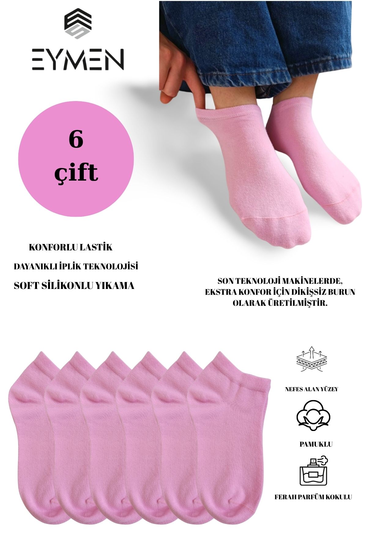 Eymen Socks Unisex Patik Çorap 6'lı Paket – Pamuklu, Kuşaklı, Kadın Erkek Kullanıma Uygun