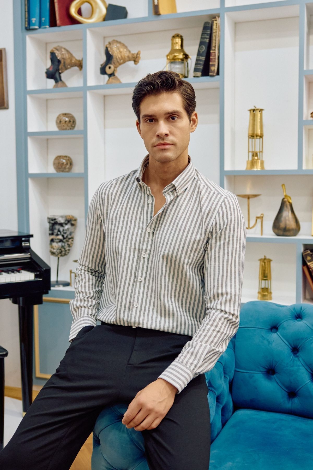 Livio Ferri Senoc Erkek Gömlek Modern Slim Fit Keten Görünümlü Kalın Çizgili