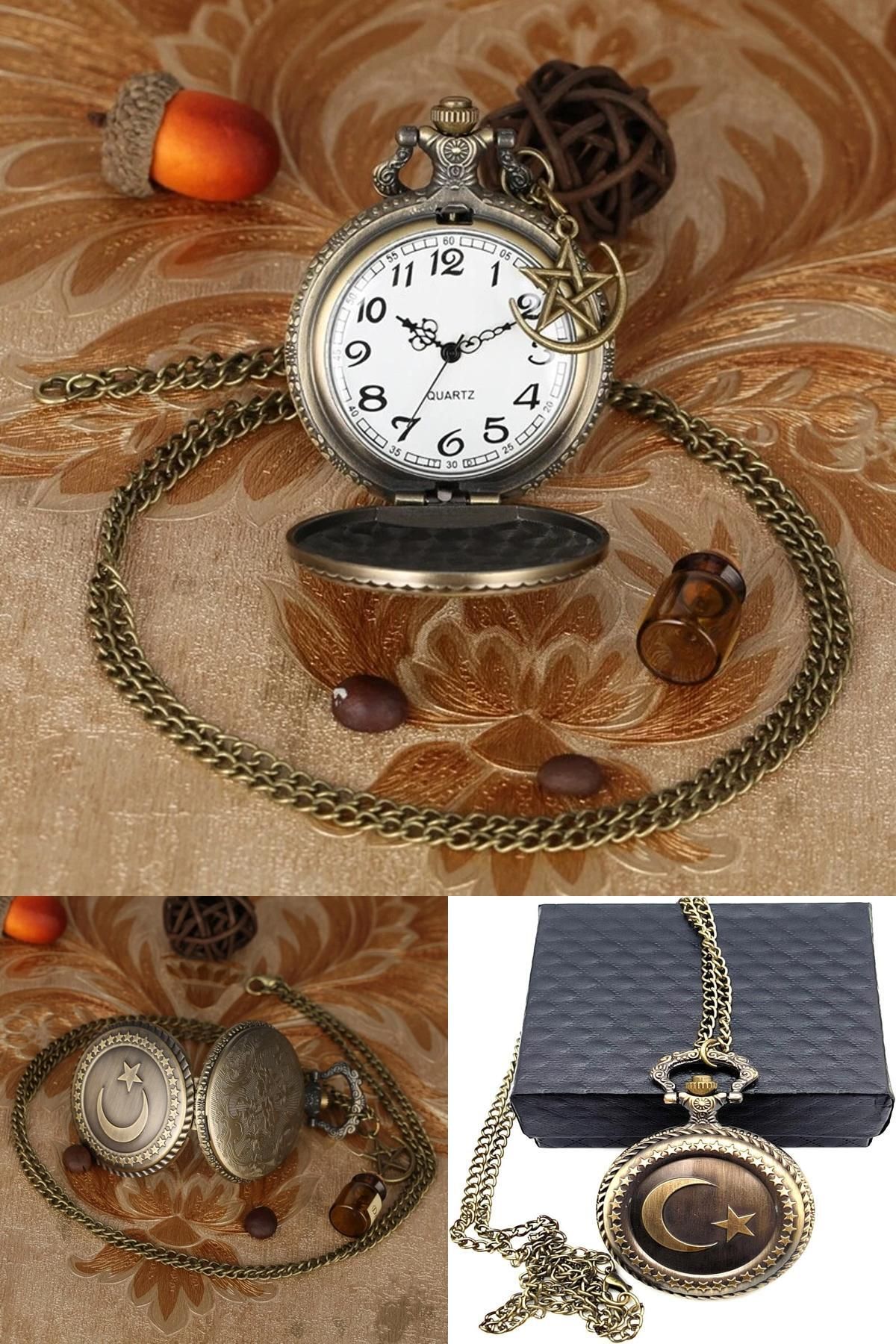Midday Retro Osmanlı Motifli Ay Yıldız Köstekli Cep Saati Nostaljik Zincirli Hediye Saat (Quartz Mekanizma)
