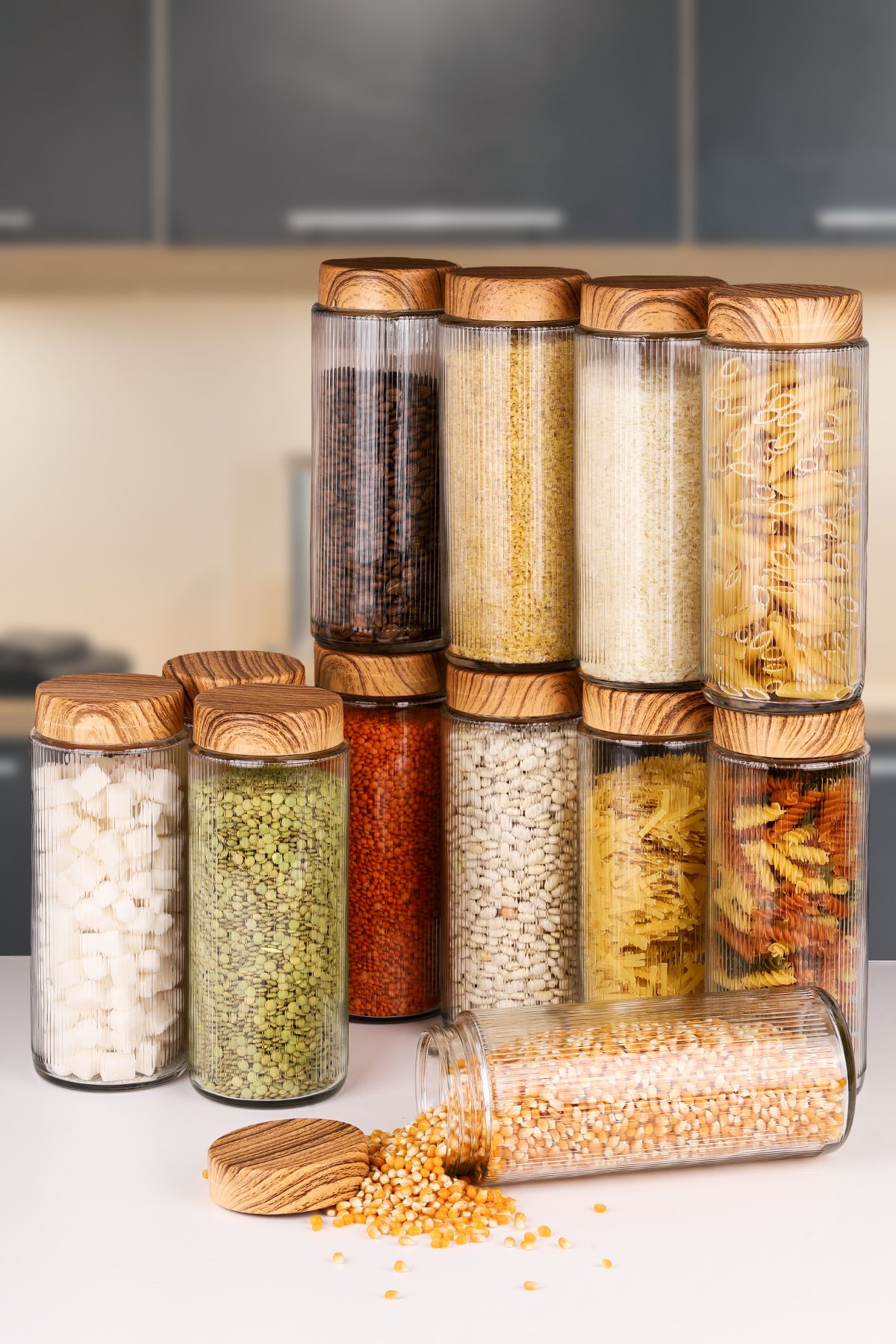naturelove 12 Adet Ahşap Görünümlü Kapaklı Cam Kavanoz ve Erzak Saklama Kabı 1500 ML