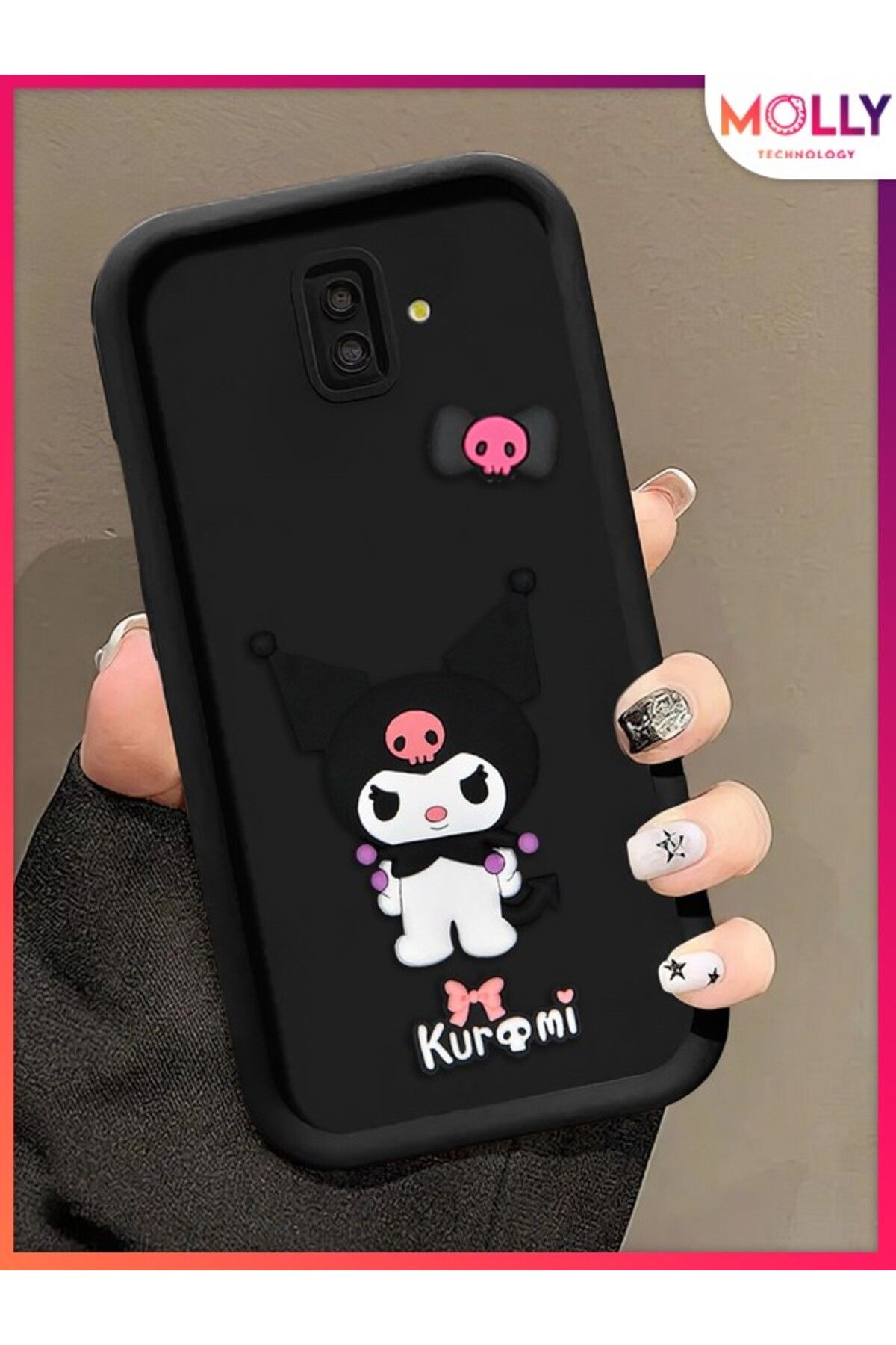Molly Samsung Galaxy J6 PLUS İçin Siyah Kenarları Kalın 3d Kabartmalı Kawaii Kuromi Silikon Kılıf