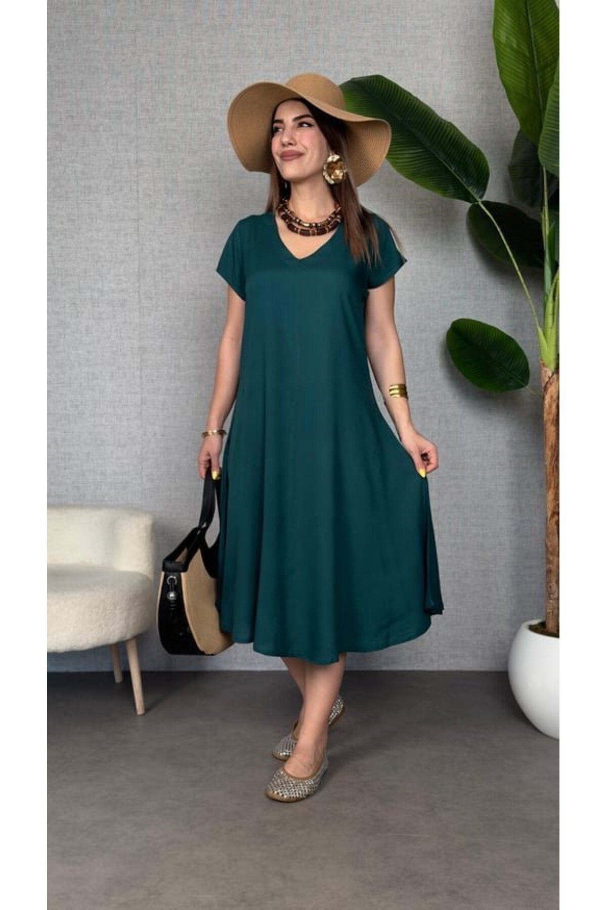 velmorafashion Kadın Kısa Kollu V Yaka Salaş Maxi Boy Elbise