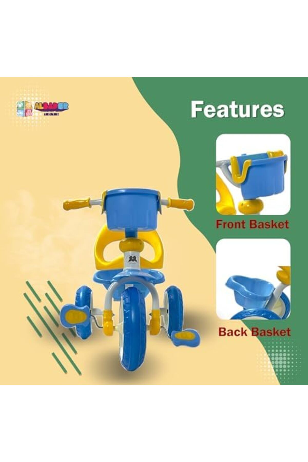 ALBADER-Tricycle For Kids, Three Wheel Bike With Double Baskets, Kids Balance Bicycle For Toddlers 4