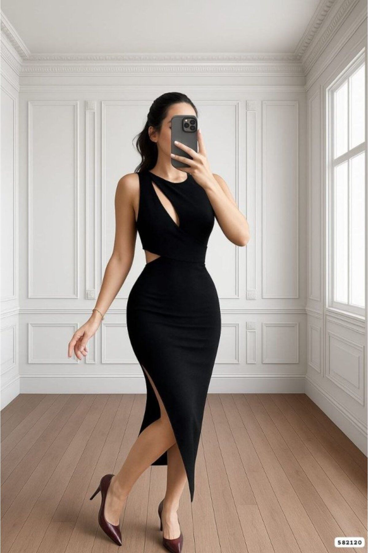 velmorafashion Kadın Goğüs Detaylı Sırt Dekoltelı Yırtmaç Detaylı Scuba Elbise