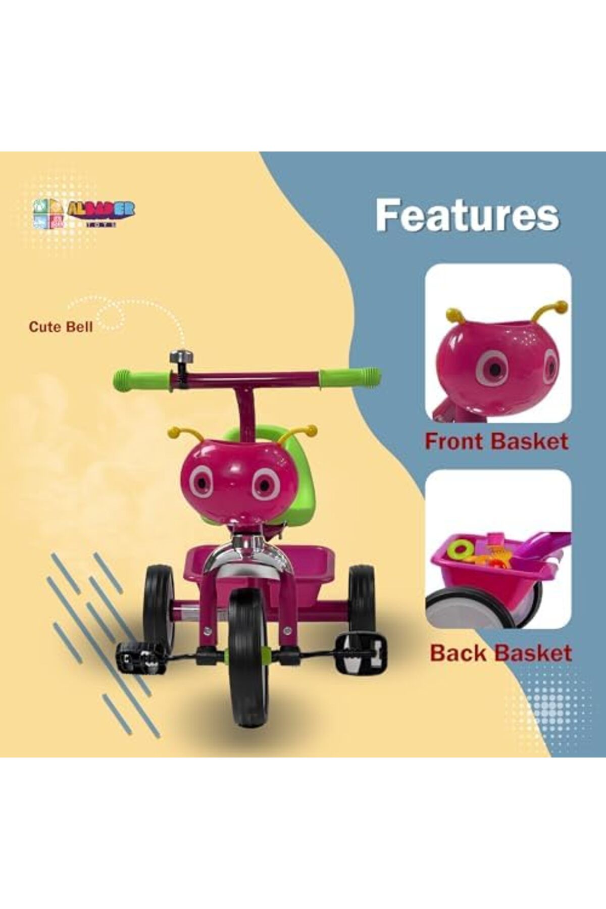 ALBADER-Kids Tricycle With Bee Desgin, Tricycle For Toddlers, Bike With Double Basket, Baby Trikes 4