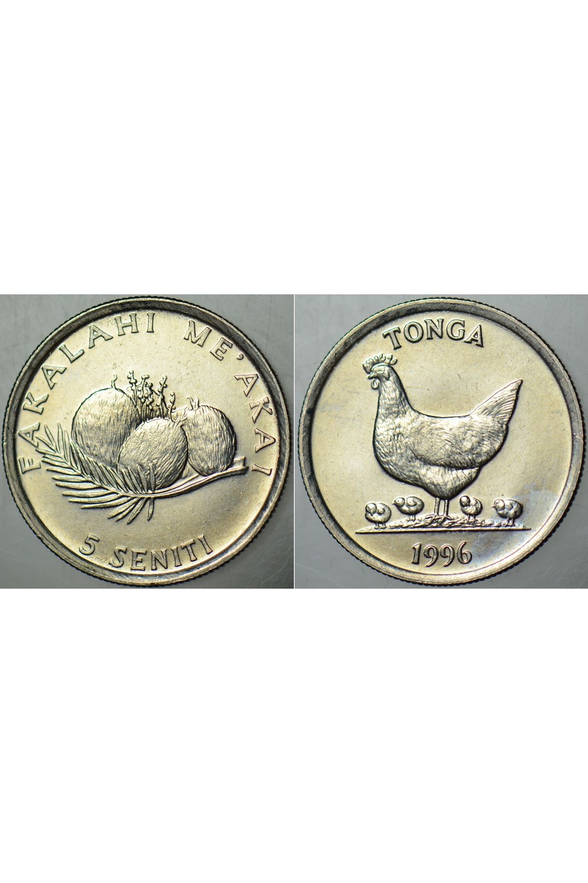 Banknoting TONGA 5 SENİTİ 1996 FAO DÜNYA GIDA GÜNÜ. TAVUK, YUMURTA ve KOKONAT TEMALI. ÇİL KONDİSYON.