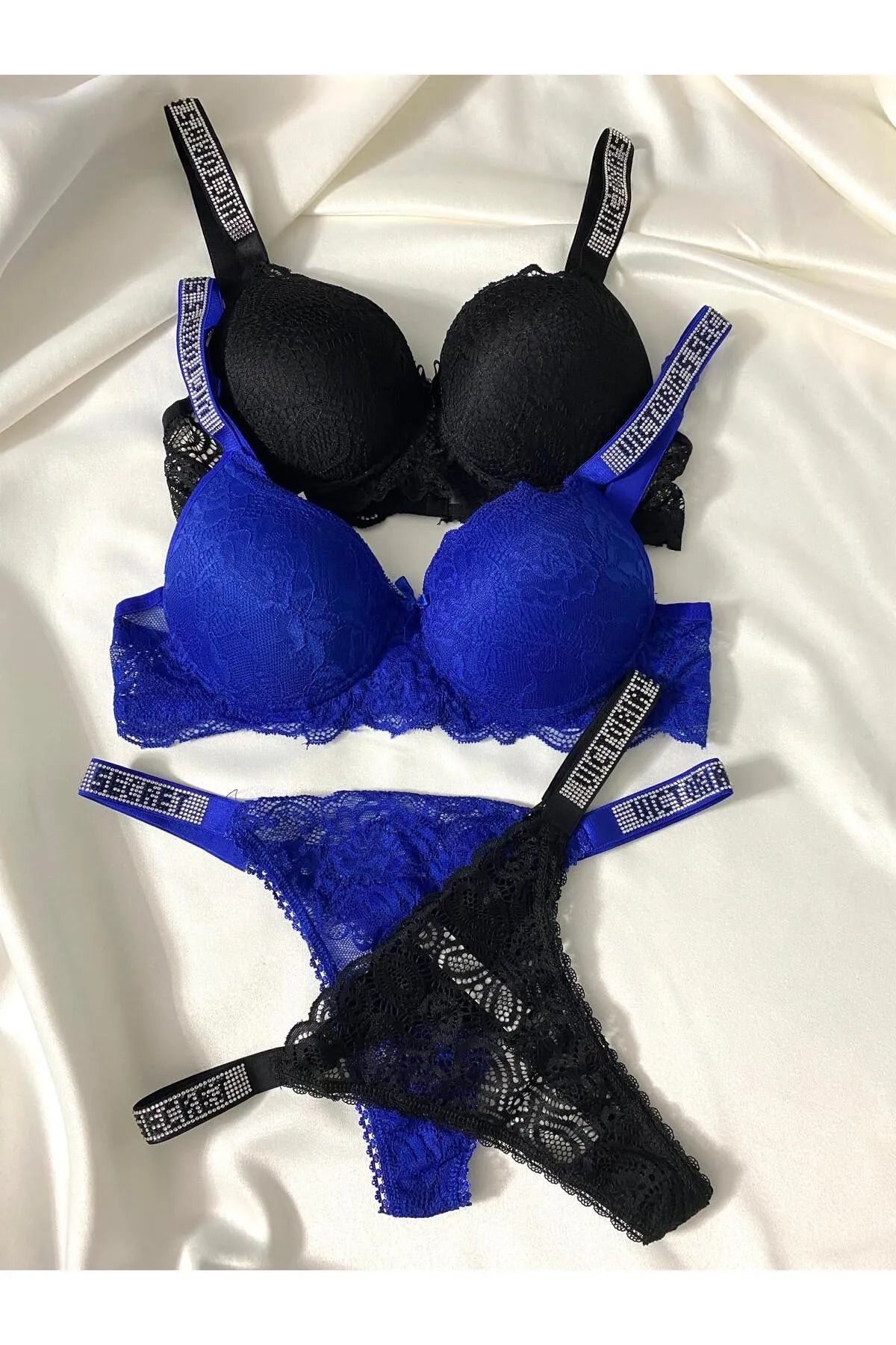 Beyaz Gelincik Underwear Kadın Dantelli Taşlı Destekli Dolgulu Push Up Sütyen Takımı Iç Çamaşırı Takımı İkili Paket Avantajlı