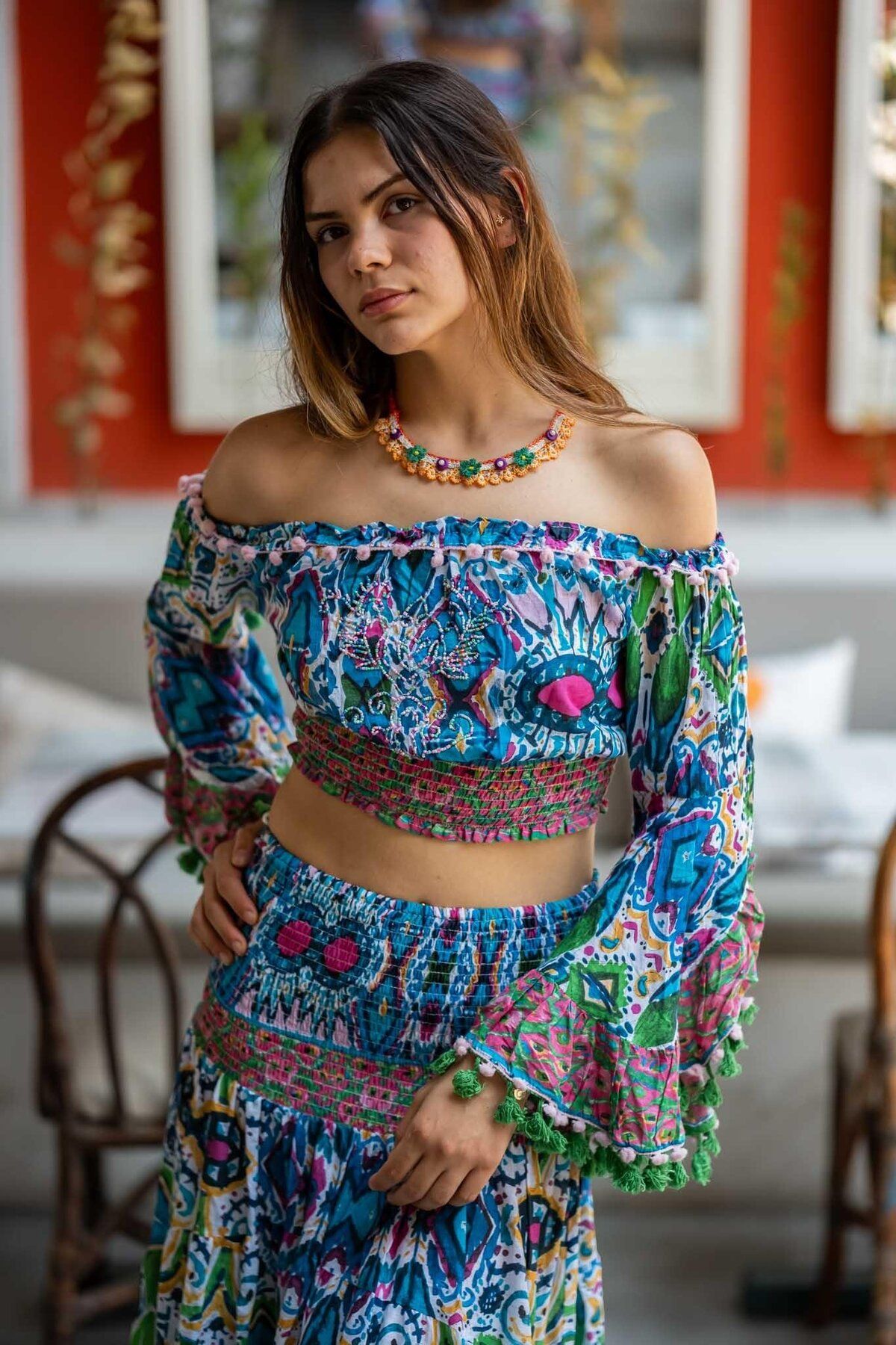 Miss Boheme Mavi Renk Desenli İşlemeli Ponpon Detaylı Etek Bluz Takım