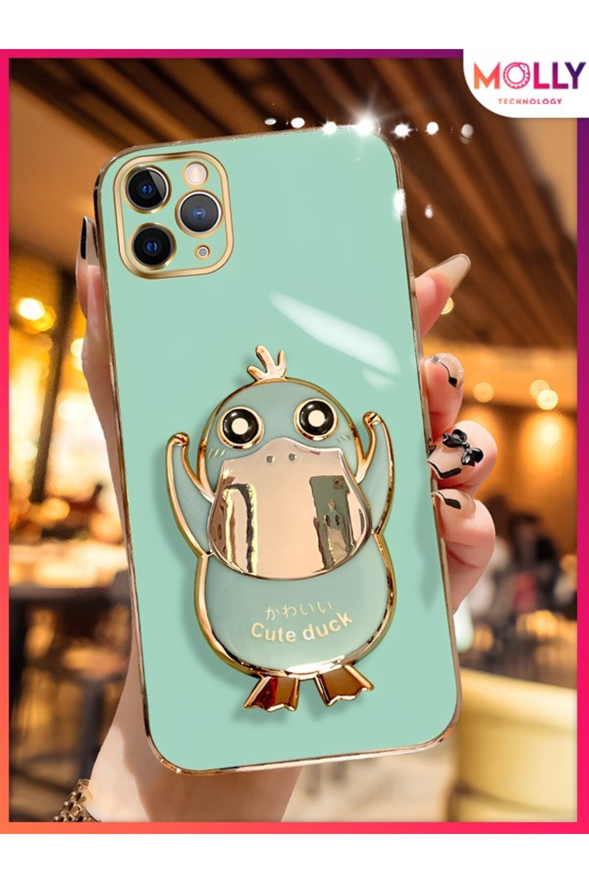 Molly iPhone 11 PRO MAX İçin Su Yeşili Sevimli Ördek Standlı Kenarları Gold Detaylı Lüks Silikon Kılıf