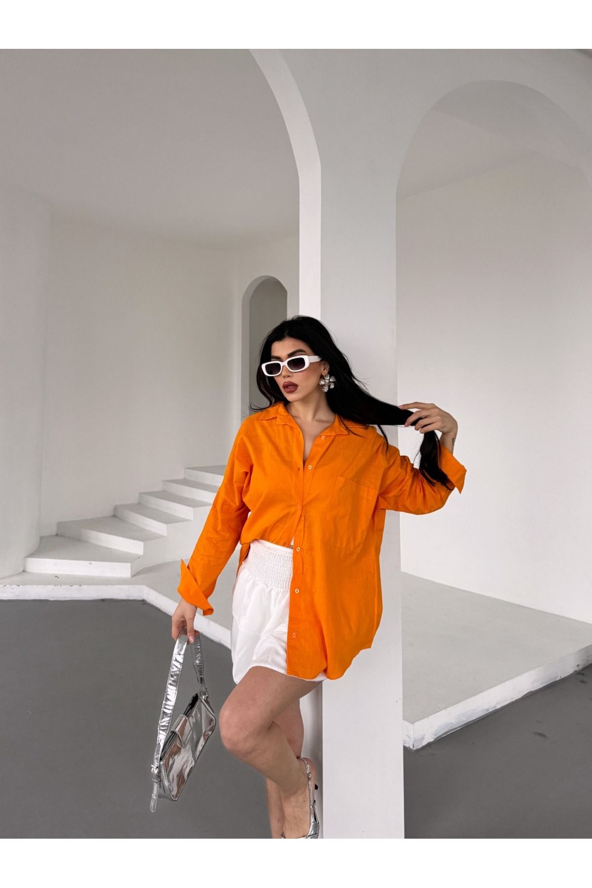 DAFFODİL Flamlı Keten Tek Cep Oversized Gömlek