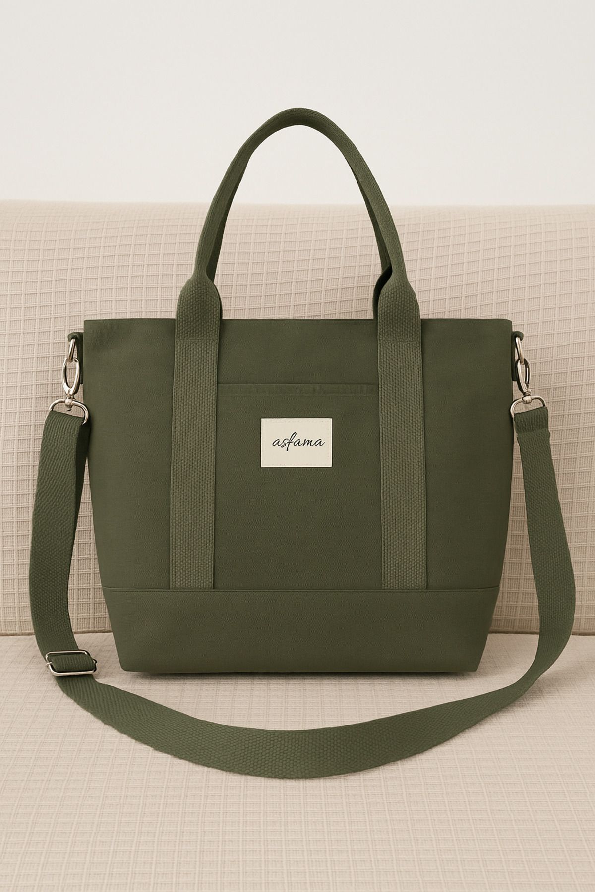 ASFAMA Büyük Boy Fermuarlı Kanvas Çanta Omuz Askılı Tote Bag