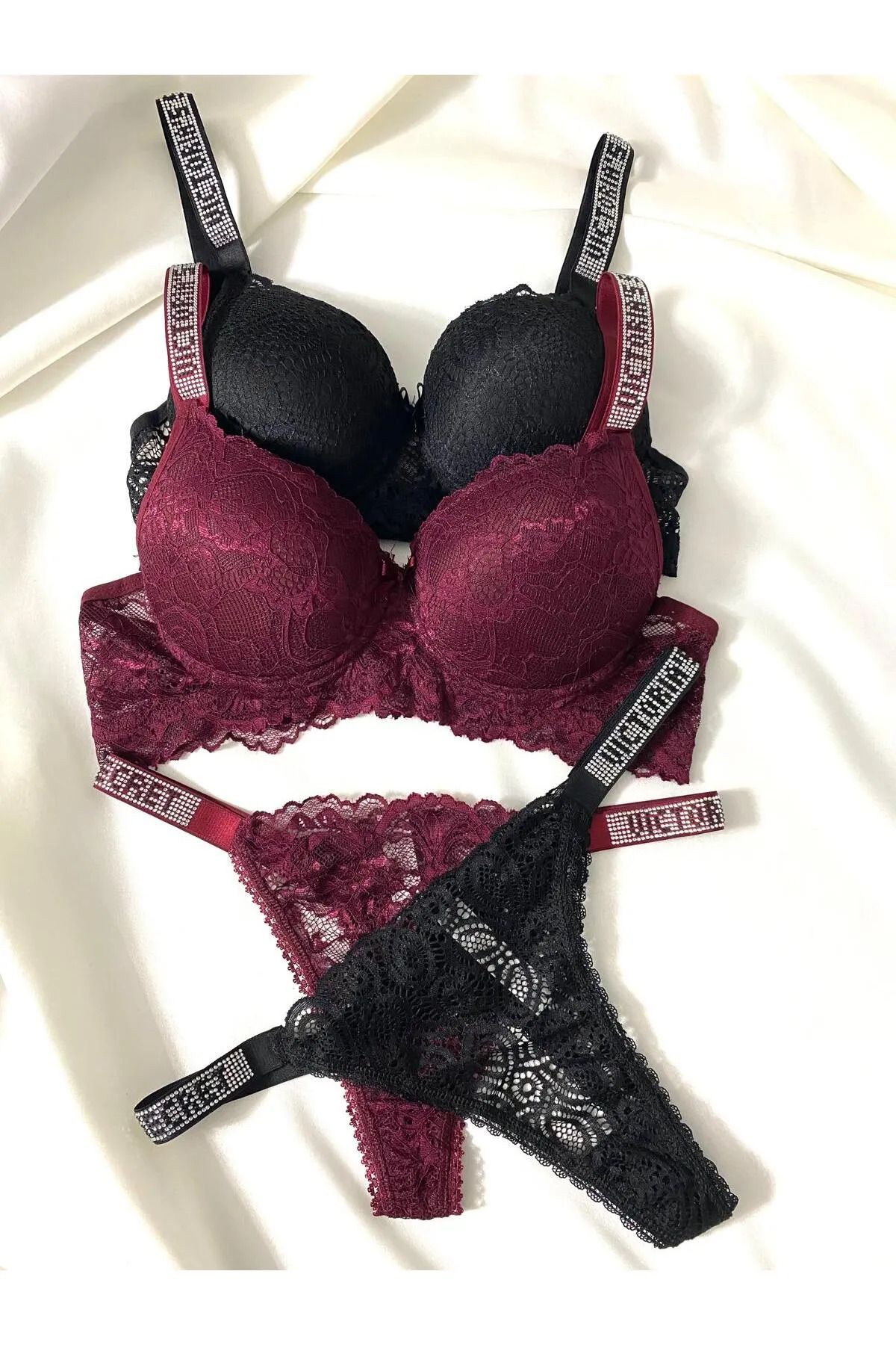 Beyaz Gelincik Underwear Kadın Dantelli Taşlı Destekli Dolgulu Push Up Sütyen Takımı Iç Çamaşırı Takımı İkili Paket Avantajlı