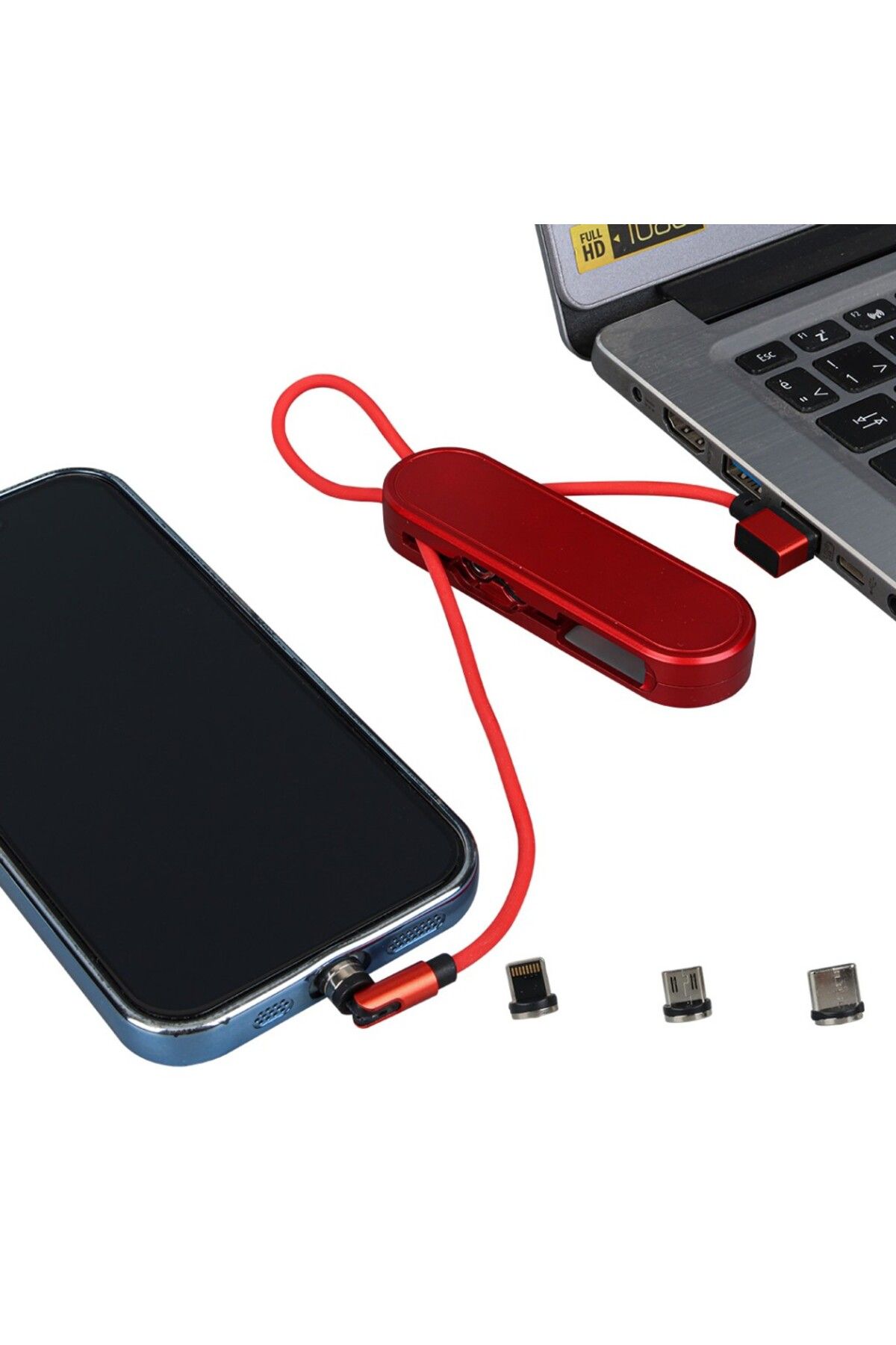 Aydoganticaret44 KIRMIZI 3İN1 (TYPE C- LİGHTNİNG- MİCRO USB) MANYETİK UÇ TAŞINABİLİR ŞARJ KABLOSU