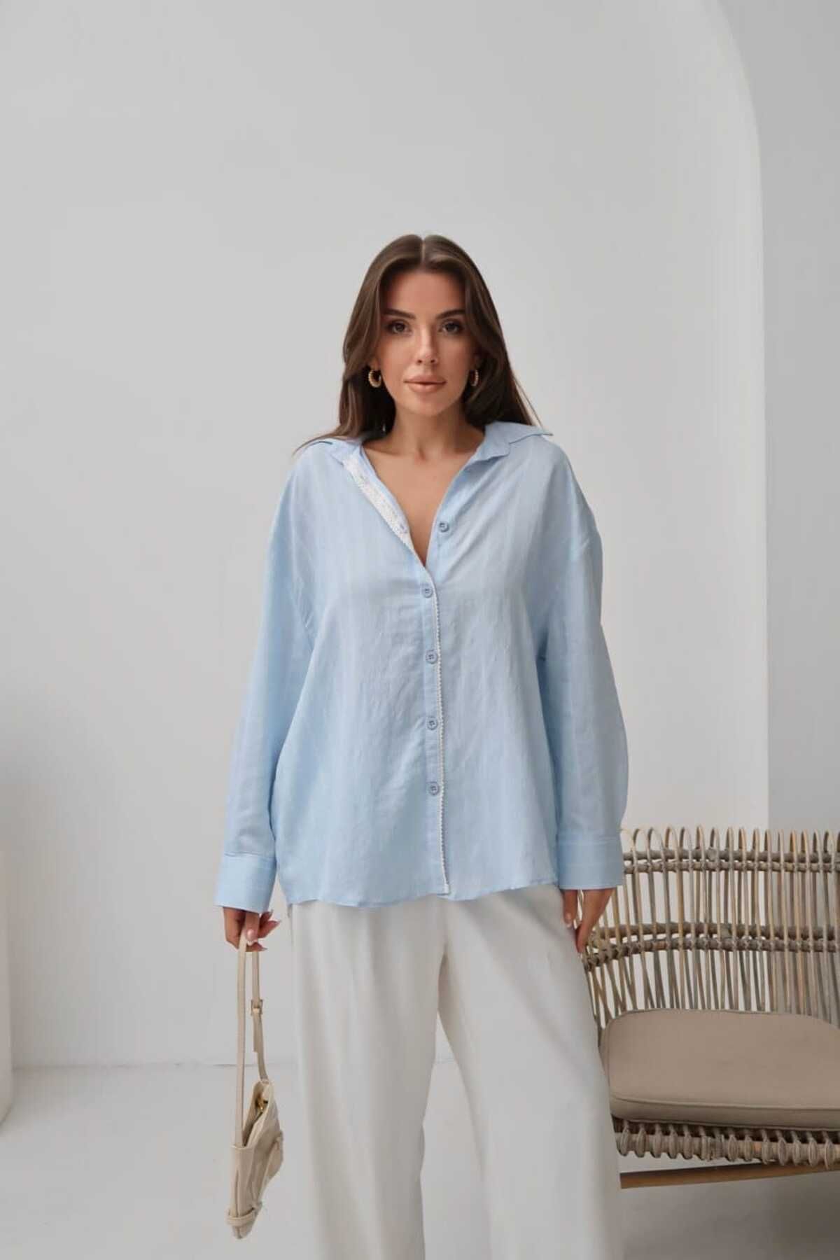 DAFFODİL Dokuma Modal Çizgili Dantel İşlemeli Oversize Gömlek