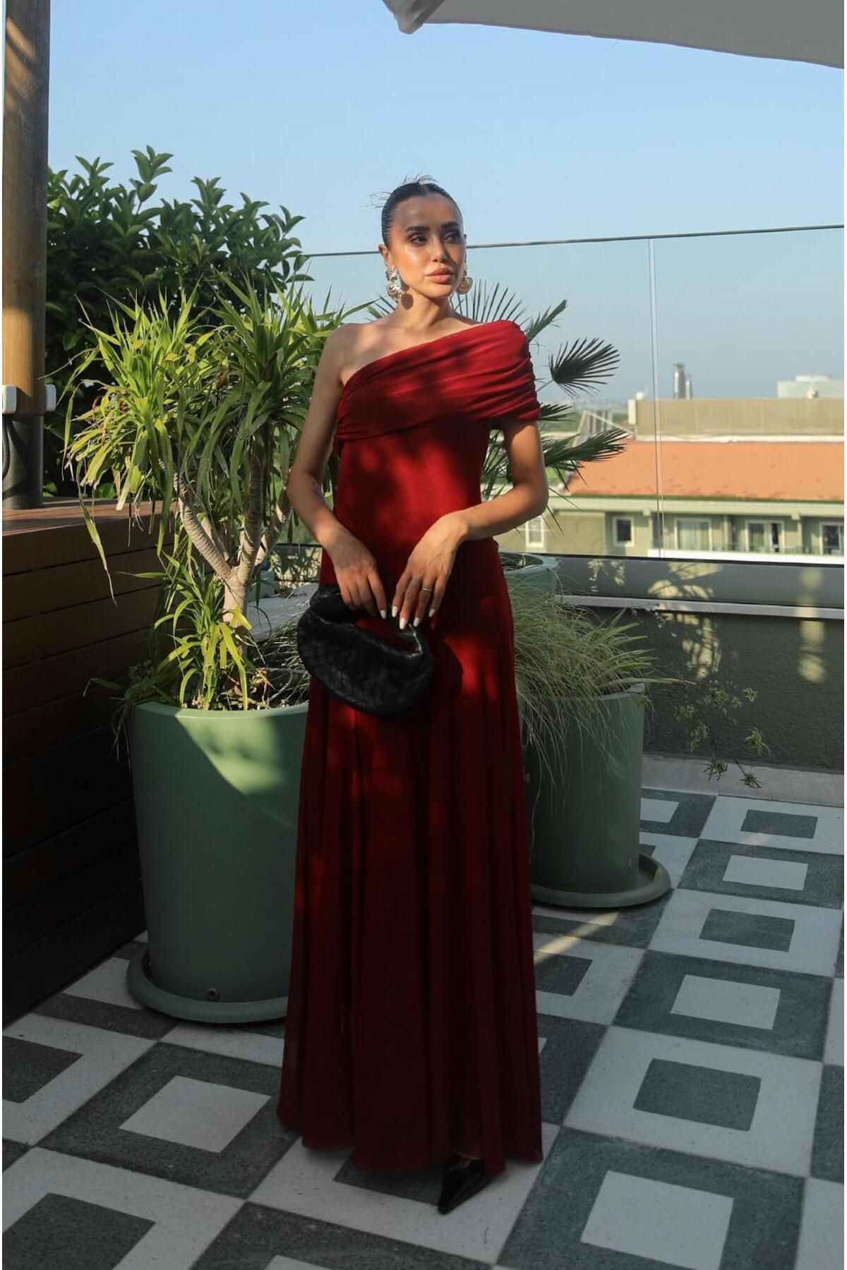 Havoş Bordo One Shoulder Şifon Elbise