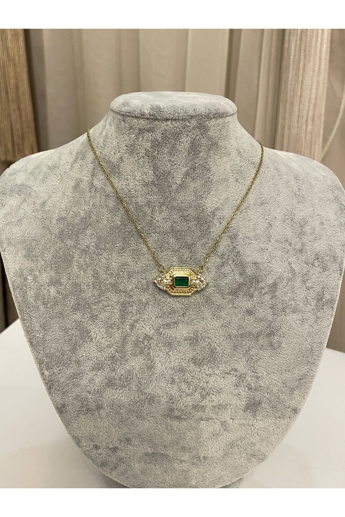 Füruzan Jewelry Yeşil Taşlı Tasarım Kolye Çelik