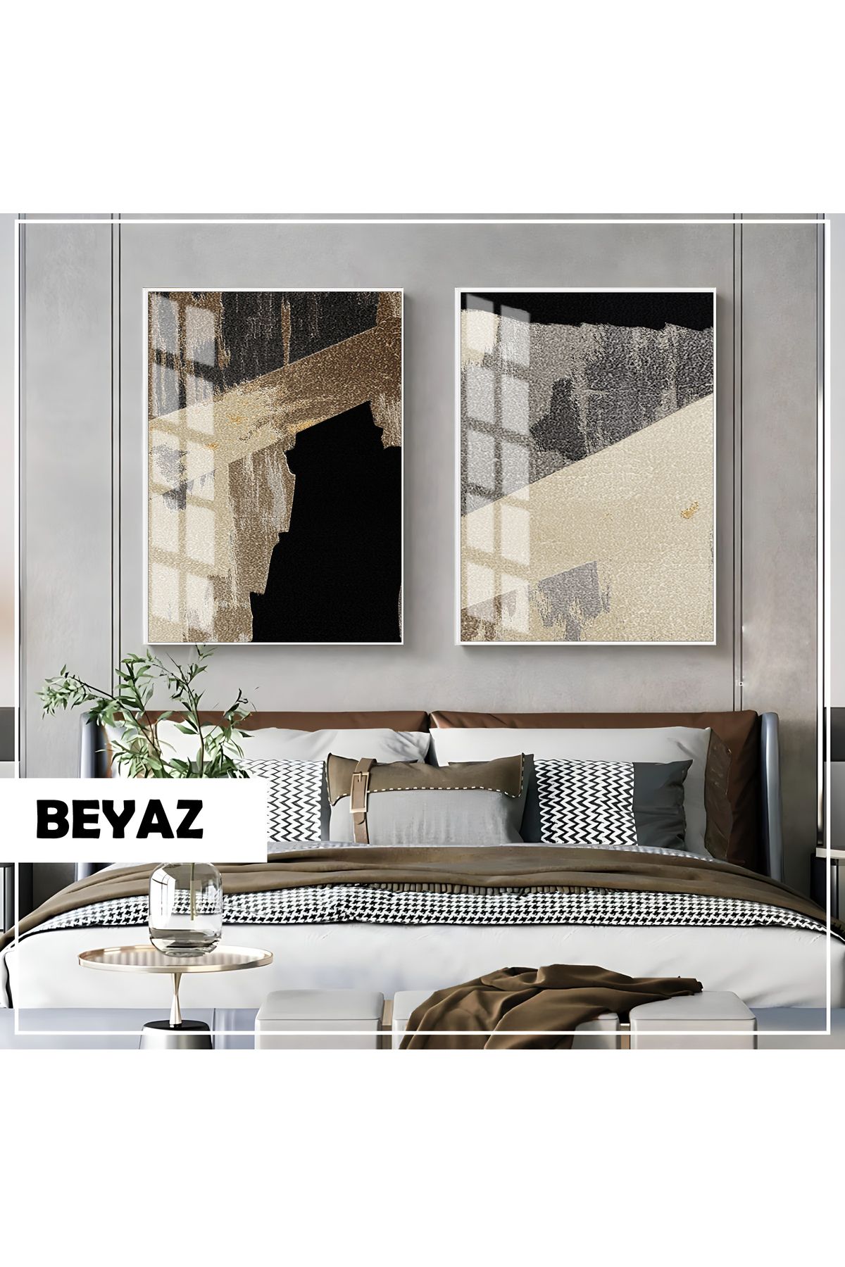 Harikabirev HARİKABİREV|SOYUT|ELEGANT ABSTRACT KOMBİN 01 |ÇERÇEVELİ CAM TABLO 2Lİ DİKEY