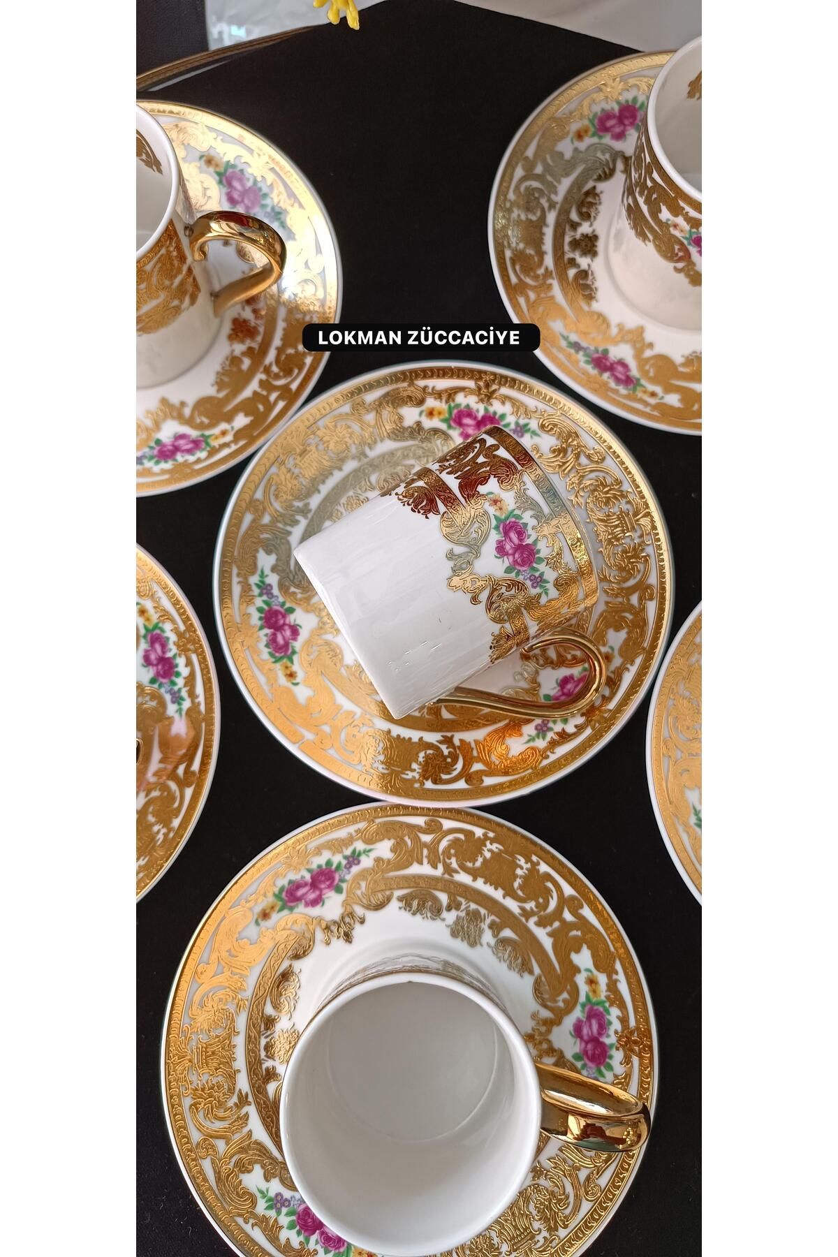 LOKMAN ZÜCCACİYE BOVARİA GERMANY HAND MADE 24K FIRÇA ALTIN EL İŞLEME KAHVE FİNCAN TAKIMI 90 ML (MODEL 4)